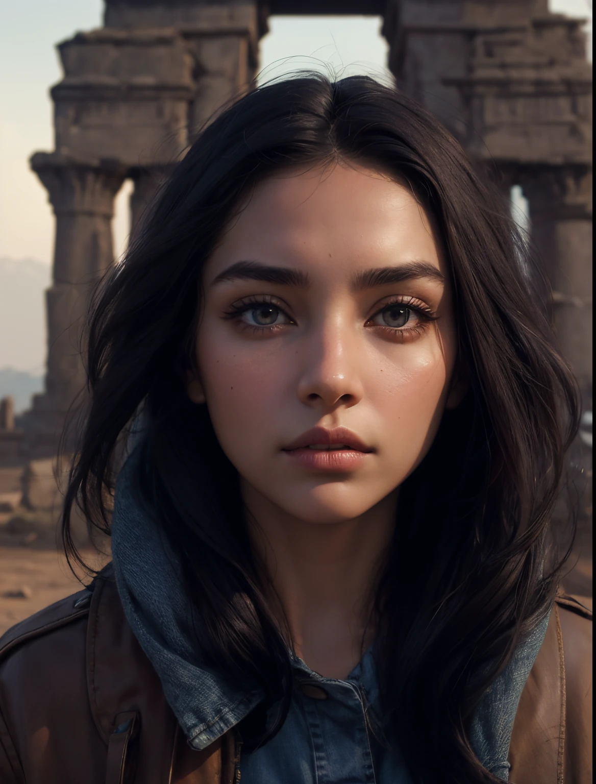 Late twenties.A woman stands in front of a megalithic civilization with a grim expression looking at the camera. Wearing a jacket and jeans. she is dark brown bhair. Beautiful double eyes. The bridge of my nose. Well-shaped lips.
