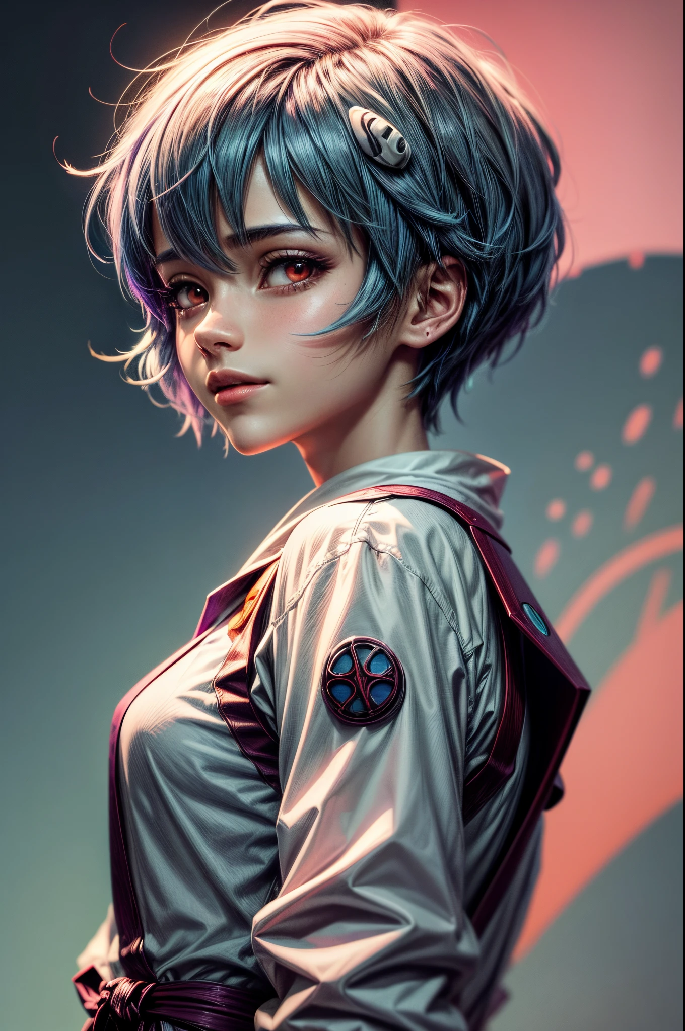 retrato da obra-prima do sorridente Rei Ayanami (Evangelion), Evangelion (Hideaki), caustics, High resolution illustration, olhos vermelhos, Feminino, sem alunos, cabelos azuis, short hair, Japanese school uniform, Sapatos, SWpunk, Synthwave, respingos de tinta, shaded flat illustration, arte digital, trending on ArtStation, altamente detalhado, detalhes finos, intrincado, Splatter, Fugir, Vaporware, cores neon