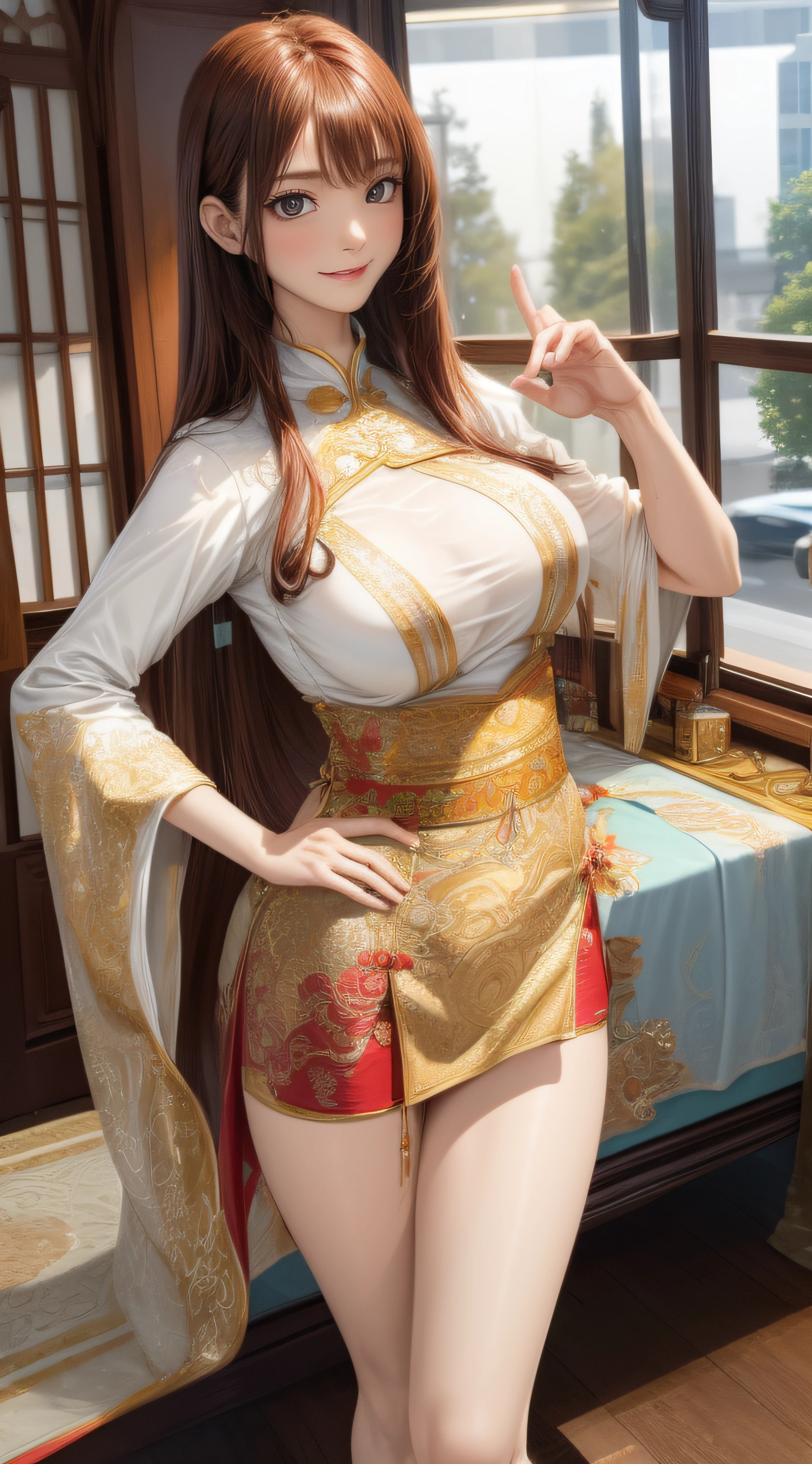 (kung fu pose:1.2),(ultra detailed skin),curvy,petite,beautiful breasts,large breasts,pale skin,pointy breasts,erect nipples,(fantasy art,Highest image quality,Hyperrealist portrait,(8k),ultra-realistic,best quality, high quality, high definition, high quality texture,high detail,beautiful detailed,fine detailed,extremely detailed cg,detailed texture,a realistic representation of the face,masterpiece,Sense of presence,Dynamic,bold),(thin hair),(soft hair),(straight hair:1.5),Swept long bangs,extra light coppery amber hair,hair over one eye,See-through dress with asymmetrical embroidery,tight mini skirt,stockings,Engineer boot