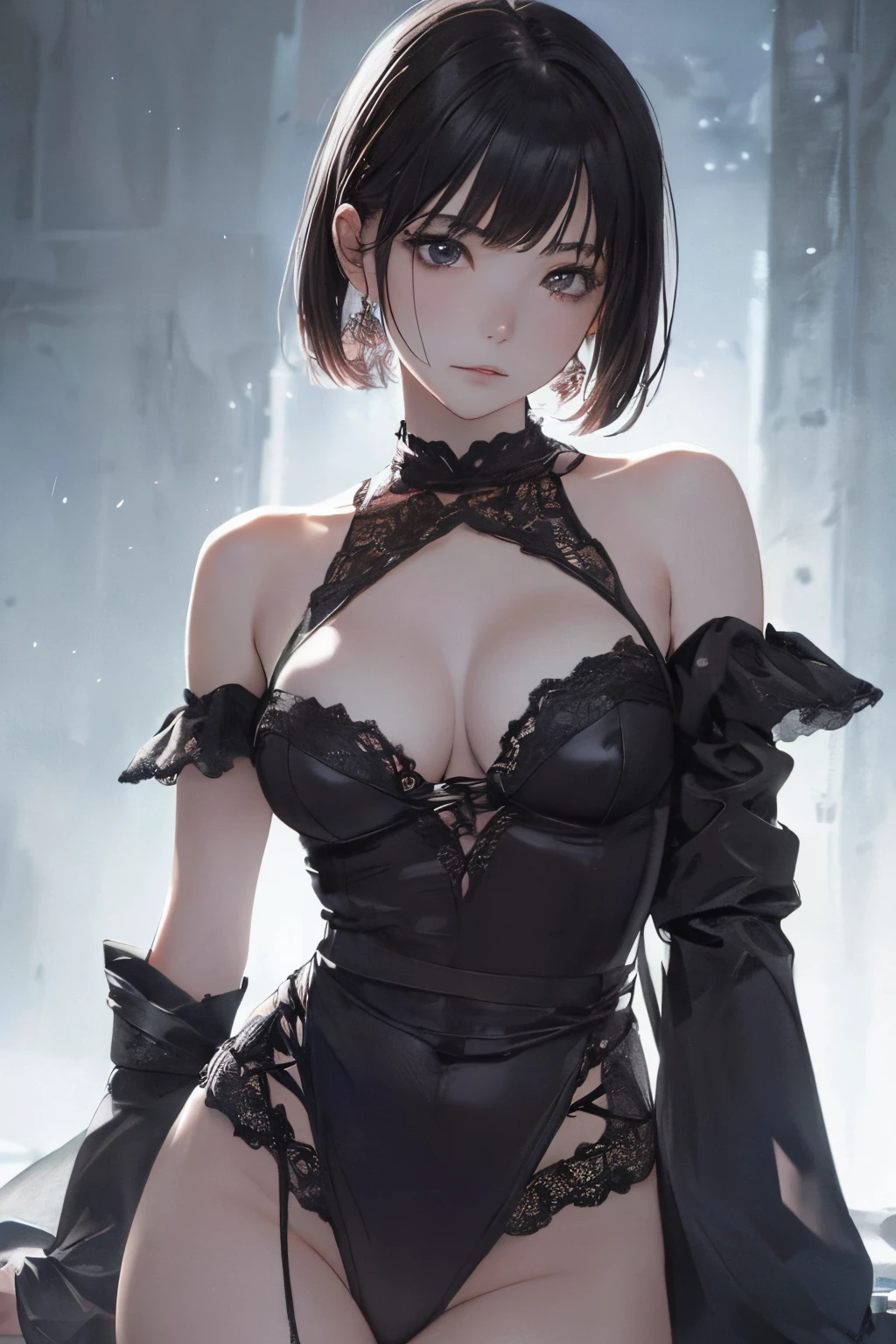 (Best Quality, masutepiece:1.2, 超A high resolution, Realistic:1.5), Raw photo, 1girl in, Off-shoulder, In the Dark, Deep Shadows, low key lighting, Cool color tones, a captivating gaze, Short hair, foggy atmosphere, mystic atmosphere, subtle highlights, dramatic contrasts, Elegant Pose, intense emotion, ethereal beauty, Enchanting darkness, enticing expression