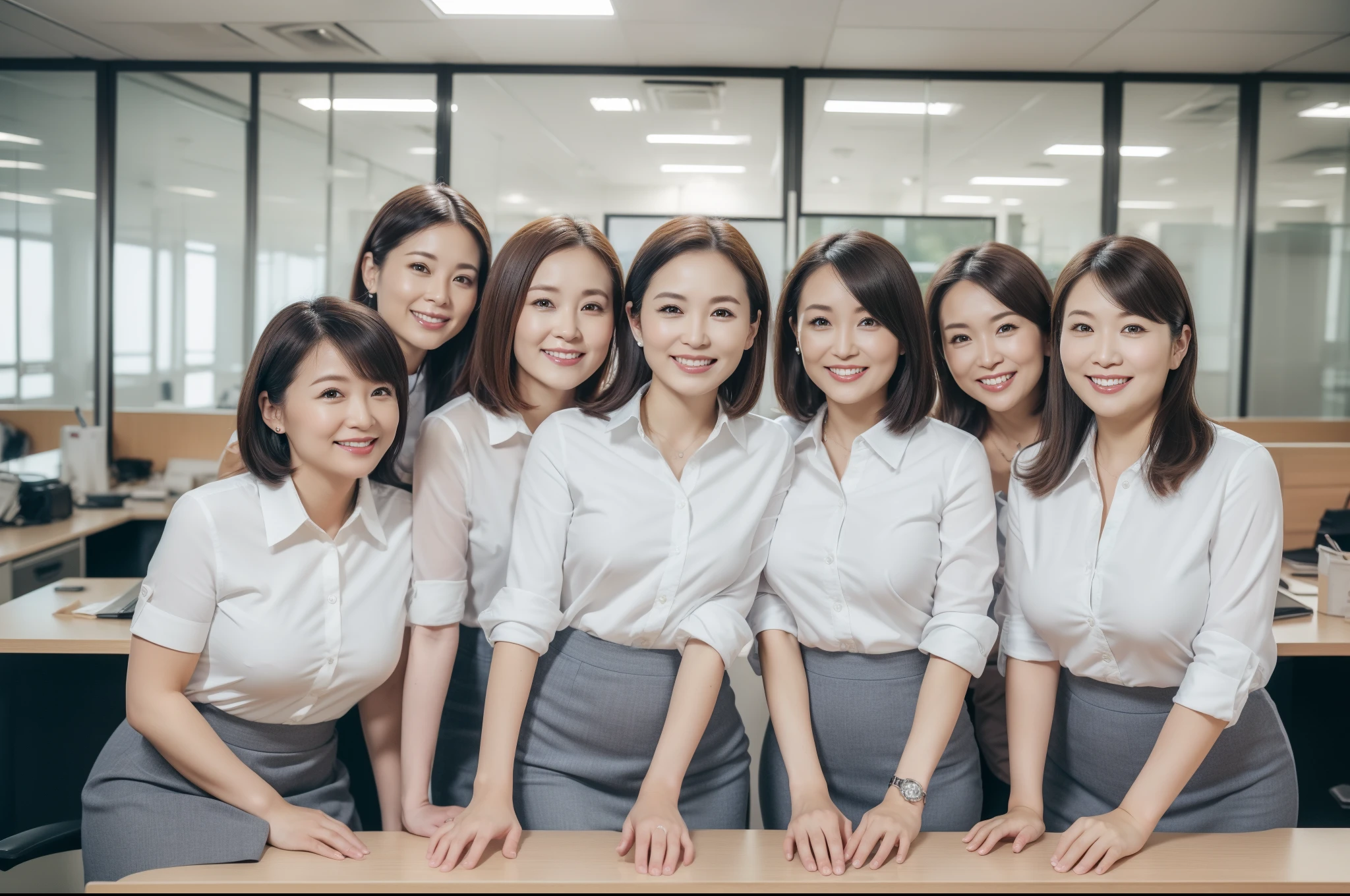 ((Best Quality, 8k, Masterpiecedetails, ultra-high resolution)), (group picture), (looking at the viewer), (fmiddle shot:), attractive business 5 , 5 people, a bit chubby:0.25, white collared shirt, grey skirt, (sitting with cross legs on office desks)), smile, office of CEO,