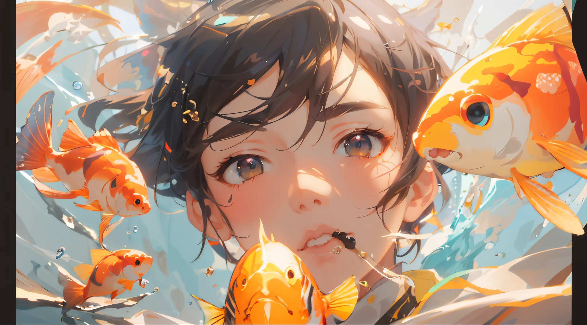 Fish in his mouth，Anime girl holding fish in hand, Guweiz style artwork, Artgerm and Atey Ghailan, ross tran 8 k, Makoto Shinkai and Artgerm, guweiz on artstation pixiv, Anime art wallpaper 8 K, Anime art wallpaper 4k, Anime art wallpaper 4k