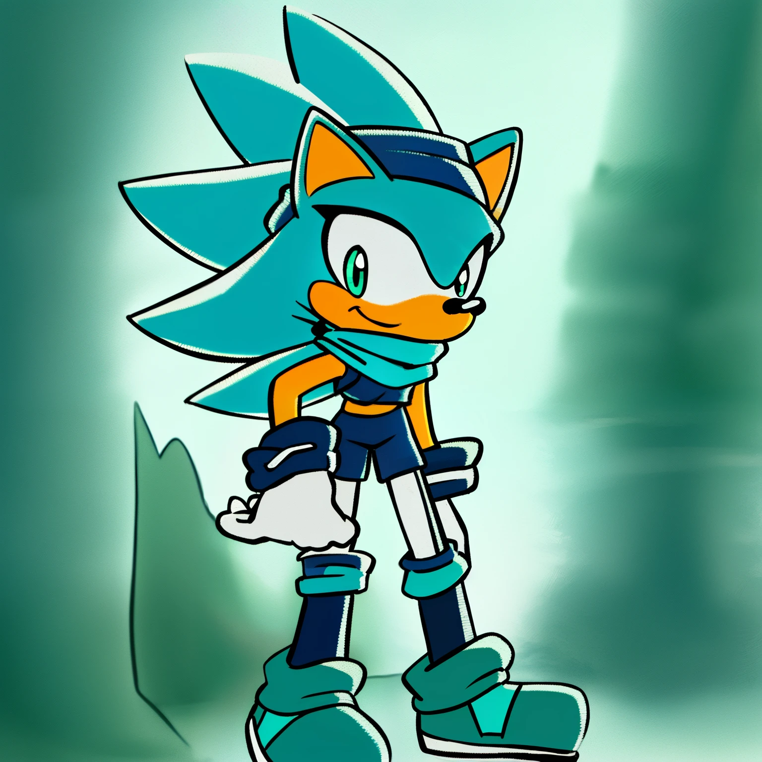 ((1girl)), ((solo)), female, mobian, Hedgehog, light blue fur, furry, standing with crossed legs, one hand on hip, ((upward quills/spines)), ((hair over shoulders)), green eyes, light skin muzzle, hair bangs, green eyes, smile, ((dark teal crop top with white trim)), ((dark teal athletic pants)), ((white slouch socks)), ((dark teal shoes)), ((white gloves with dark teal cuffs)), ((headband with small fake wings on the sides)), ((white anime styled scarf)), looking at viewer, (background: forest, trees, nice lighting, river), (best quality)