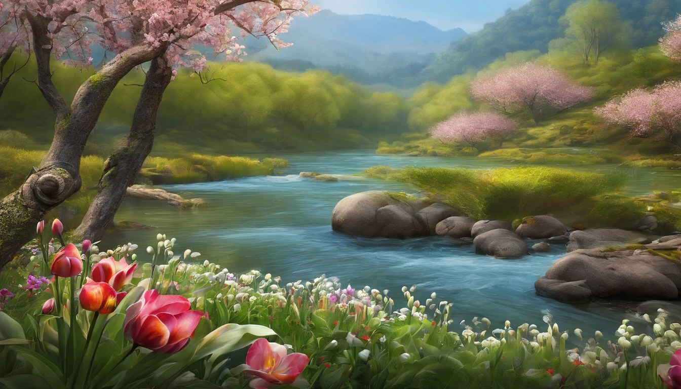 Painting of a river with flowers and trees in the foreground - SeaArt AI