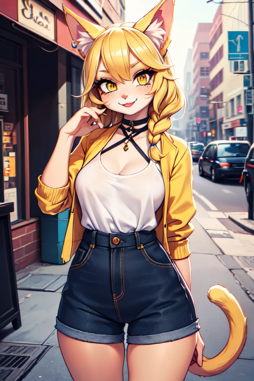 Professional photography, Catgirl, blonde hair, expressive eyes, smile, braid, Yellow eyes, golden eyeshadow, blonde cat ears, lipstick, medium breasts, chic pose,
BREAK, (Indie fashion), retro vibes, eclectic streetwear, vintage charm, urban bohemian.
Visual Elements: Retro patterns, mix-and-match styles, indie accessories, urban textures, vintage-inspired details,