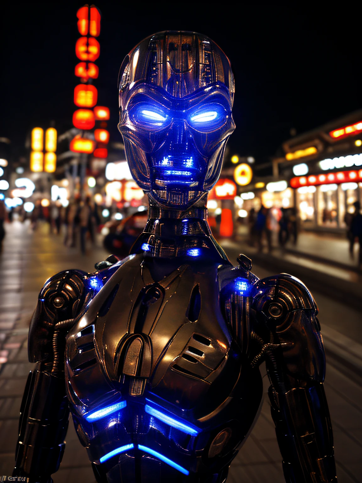 ultra realistic, TX endoskeleton in seoul, night time, realistic lighting, (T-X Endoskeleton:1.1), detailed TX endoskeleton, ultrarealistic TX endoskeleton, sharp details, photorealistic, deep focus, very high quality, ultra HD, 8K