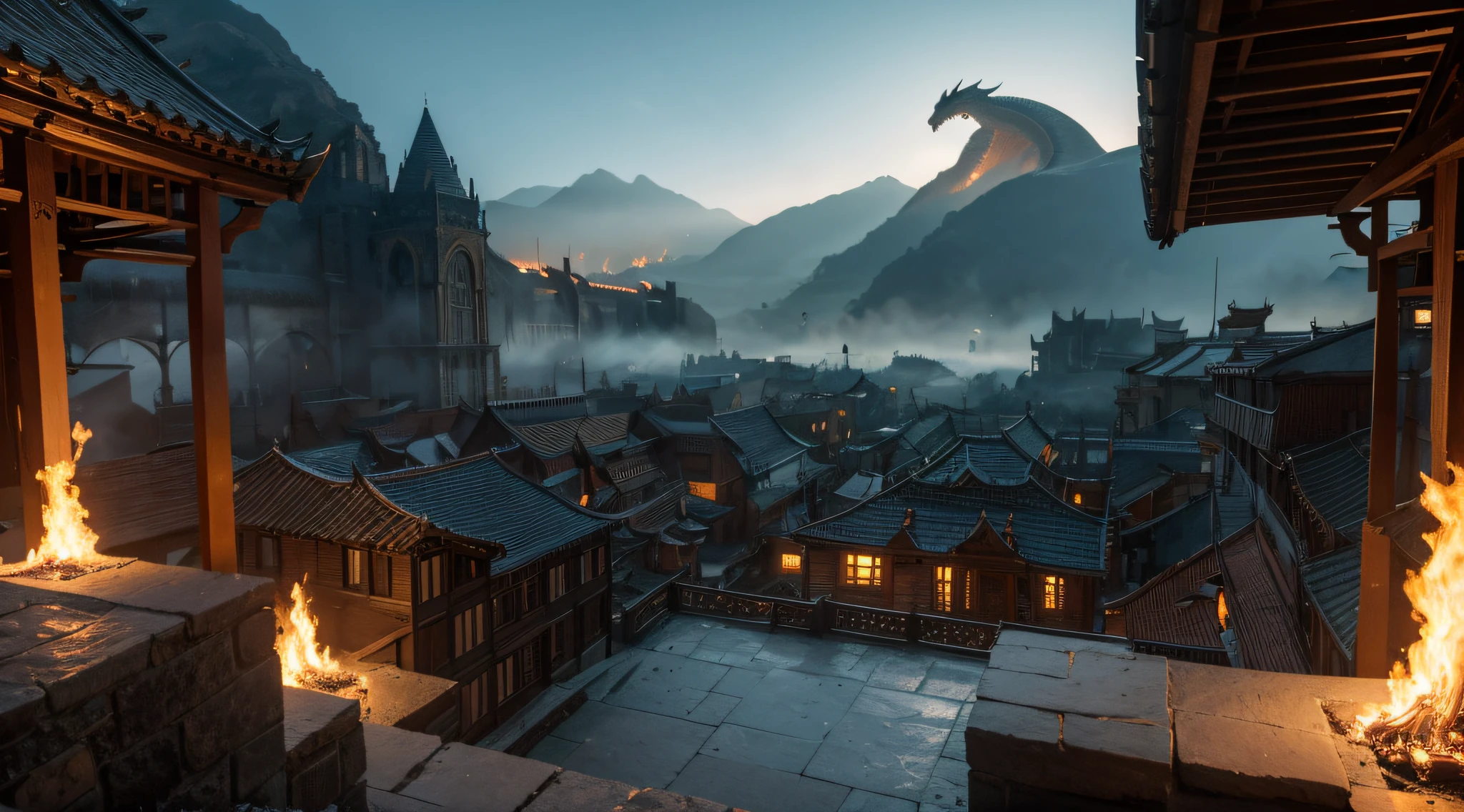 In the town of a medieval European style, a fierce dragon with scales shimmering in the sunlight suddenly appears. It roars with terrifying power, causing the earth to tremble. The dragon's enormous wings spread wide, casting a shadow over the entire town. The people of the town are thrown into a state of panic and despair, their faces filled with dread. The scene is captured in photographic works of the highest quality, with every detail meticulously preserved. The picture quality is on par with a masterpiece, exhibiting exceptional clarity and depth. The colors are vivid and vibrant, enhancing the dramatic atmosphere of the moment. The view of the town is shown from a faraway perspective, giving a sense of the vastness and destruction caused by the dragon. The composition is carefully framed, capturing the chaos and devastation from behind, showcasing the pain and terror of the townspeople. The image brings forth a sense of urgency and intensity. As the dragon wreaks havoc, the crumbling buildings, burning houses, and fleeing civilians add to the realism of the scene. The fire engulfs the architecture, casting a warm, orange glow that contrasts with the dark, ashen sky. The lighting portrays the desperation and chaos that unfold. The artistic style of the image resembles a movie picture quality, reflecting the dynamic nature of the dragon's attack. The texture of the stone walls and roofs, as well as the dragon's scaly skin, is highly detailed, making the picture come alive with unparalleled realism. The color tone of the image is dominated by earthy hues and warm tones, reflecting the medieval European setting. The contrast between the vibrant flames and the somber environment highlights the destruction and fear that permeates the town. In conclusion, the prompt is: "Dragon destroys medieval European style town, People panicked, dreads, Photographic works, movie picture quality, Faraway view, from behind, panorama. (best quality, 4k, 8k, highres, masterpiece:1.2)