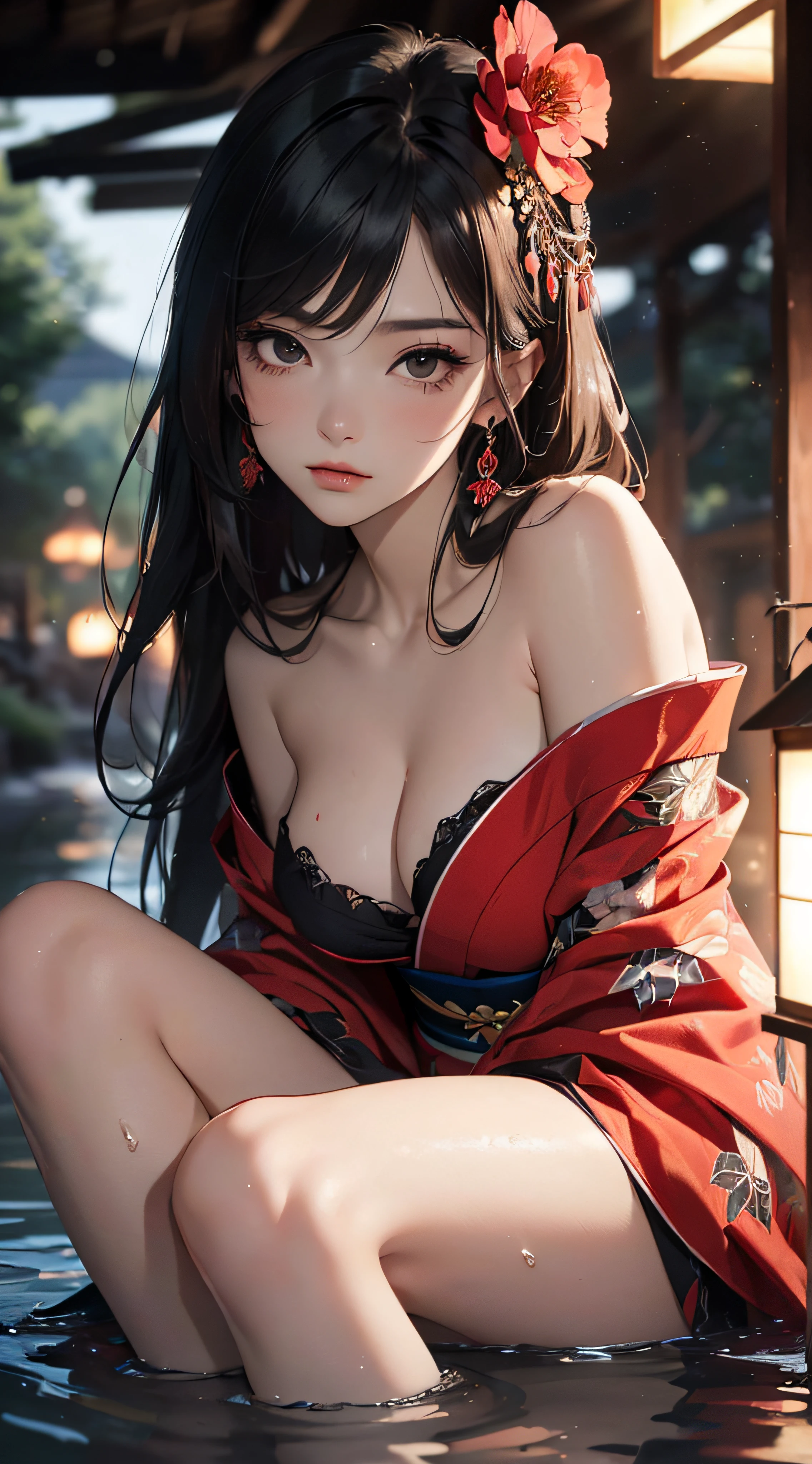 (((8k wallpaper of extremely detailed CG unit, masterpiece, 超A high resolution:1.2, top-quality:1.2, masutepiece))), ((extremely beautiful lady, plein air, natta:1.3, lantern, Immersion in water, lying back, sad Facial expression, extra detailed face, Highly detailed black eyes, extra detailed body, Top quality real texture skins, A dark-haired, de pele branca, Small:1.3, Sexy black and red kimono:1.2, off shoulders, Light pink eyeshadow)), ((Exposed cleavage, exposed shoulder, Exposed legs)), hyper realisitic, digitial painting,