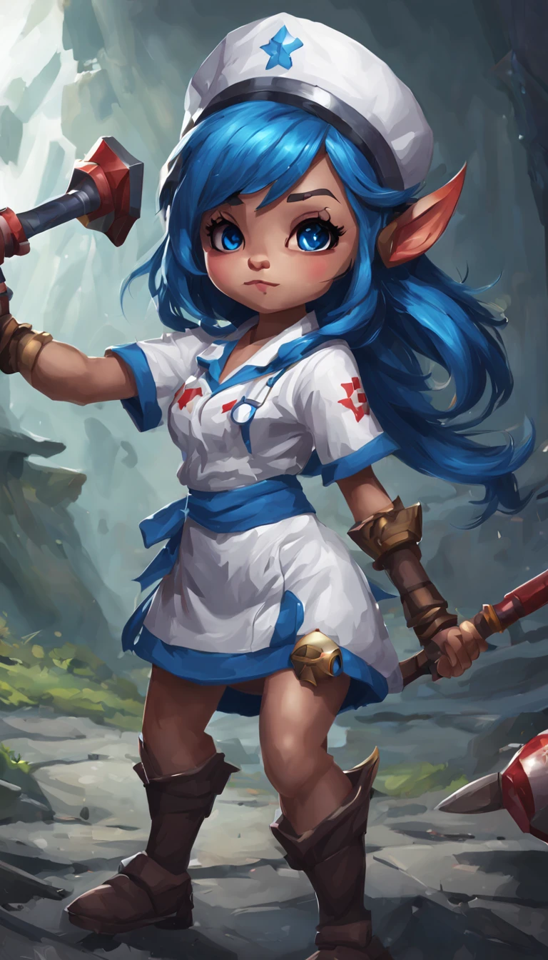 determined，yordle nurse，with blue hammer，The hammer handle stands very high。