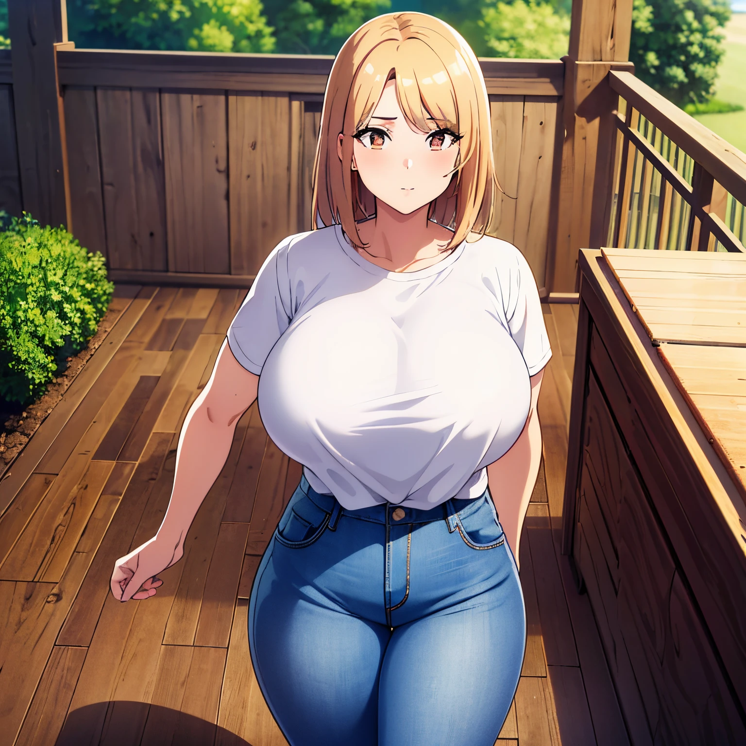 NSFW,anime girl,young woman,MILF,modest,voluptuous,farm girl, strong,friendly,sheltered,playful,red flannel shirt,tight jeans,cowboy boots,cowboy hat,short hair,blonde hair,brown eyes,(best quality,4k,8k,highres,masterpiece:1.2),ultra,studio lighting,ultra-fine painting,sharp focus,physically-based rendering,professional,vivid colors,pin-up,landscape,photography,concept artists,warm tones,midday lighting,1 character, solo.