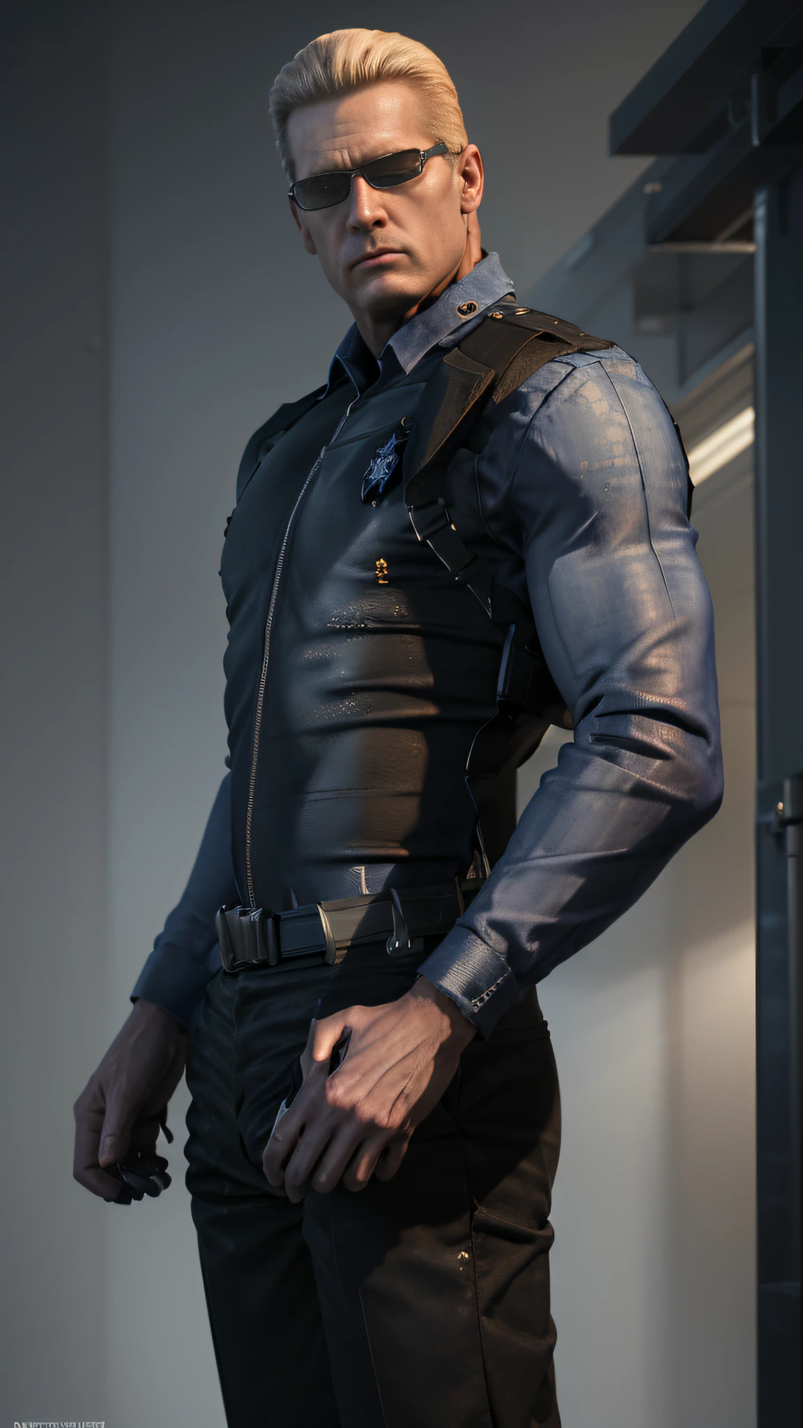 (masterpiece, best quality:1.2), albertwesker, really tall, (wide shoulder), wearing a blue collared shirt, police vest, police uniform, sunglasses, black trousers, viewer looking, straight posture, (holding a pistol with 2 hands), cold face, standing in an police office, single male, male focus, upper body shot, menacing