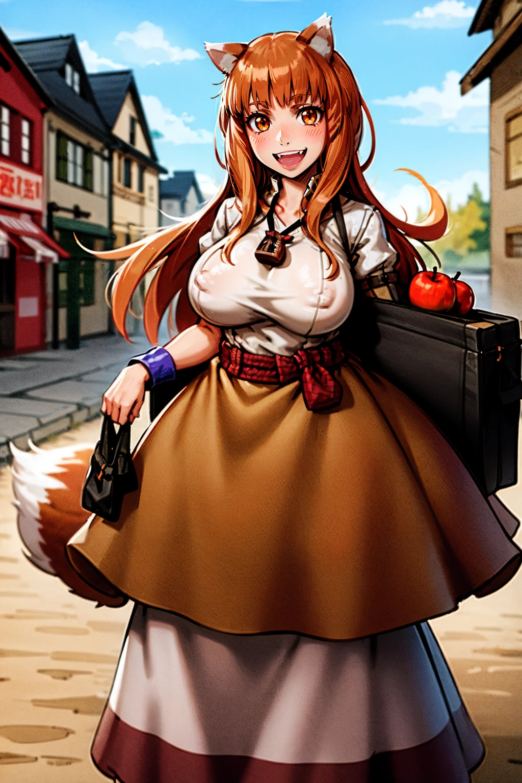 (holo:1.5), (holoBrownDress:1.5), masterpiece, best quality, absurdres, 1girl, looking at viewer, standing, cowboy shot, outdoors, medieval, cobblestone street, town, pouch, sash, smile, fruit, apple, basket,huge breast, curvy, silver hair, white hair, full body, flipflops,, smiling open mouth, fengs, teeth