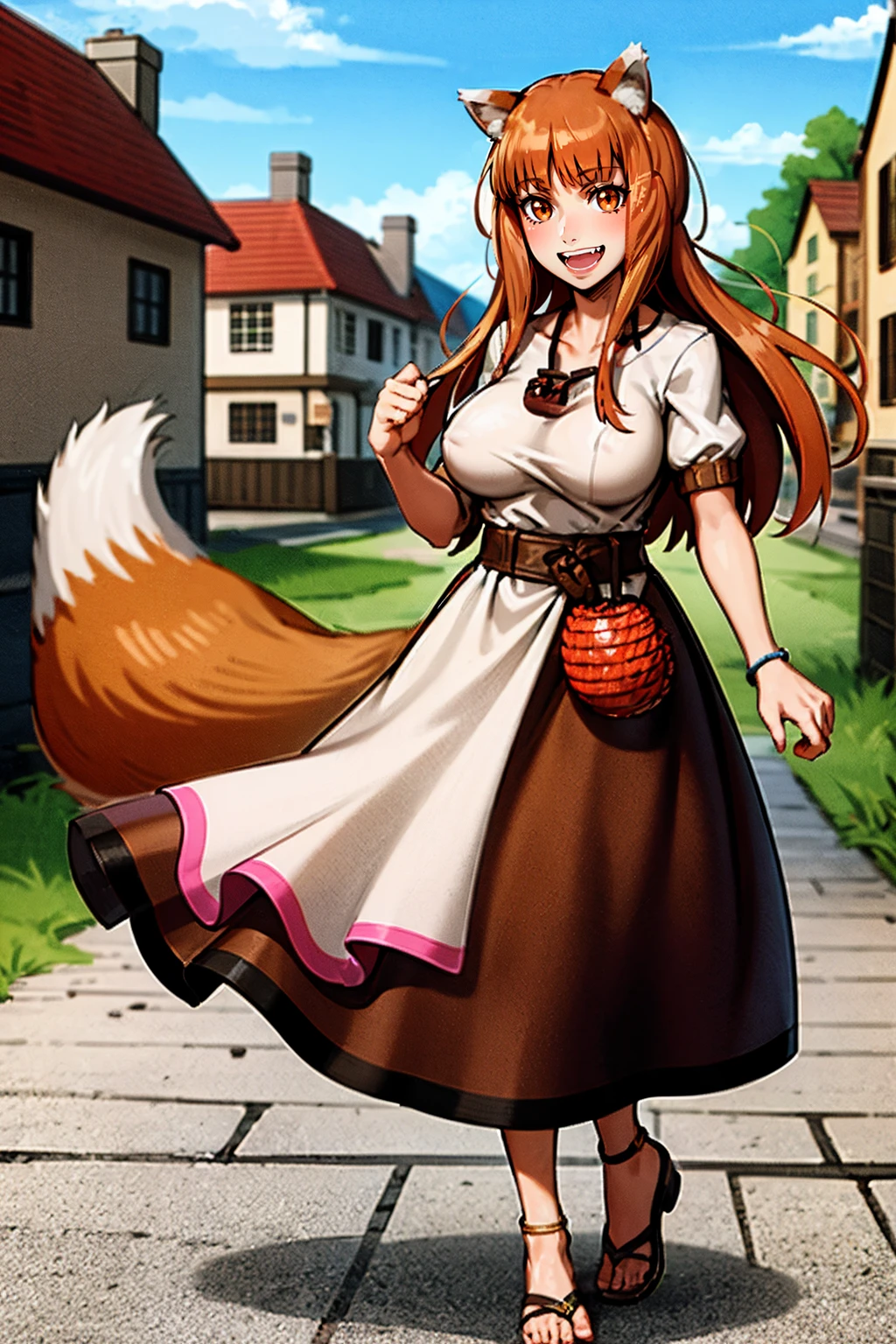 (holo:1.5), (holoBrownDress:1.5), masterpiece, best quality, absurdres, 1girl, looking at viewer, standing, cowboy shot, outdoors, medieval, cobblestone street, town, pouch, sash, smile, fruit, apple, basket,huge breast, curvy, silver hair, white hair, full body, flipflops,, smiling open mouth, fengs, teeth