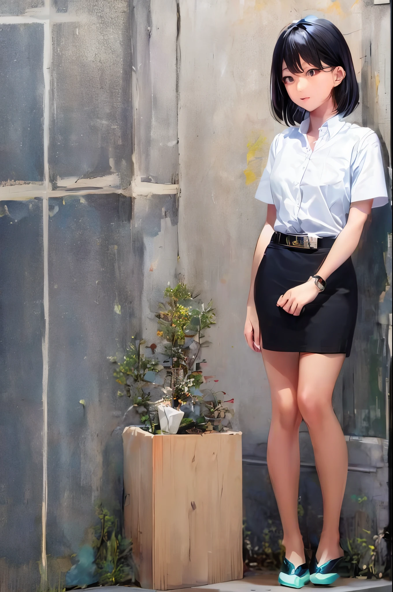 girl, asian, white_shirt, short sleeves, black_skirt, shirt_tucked_in, belt, standing,