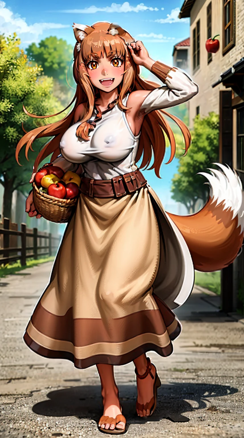 (holo:1.5), (holoBrownDress:1.5), masterpiece, best quality, absurdres, 1girl, looking at viewer, standing, cowboy shot, outdoors, medieval, cobblestone street, town, pouch, sash, smile, fruit, apple, basket,huge breast, curvy, silver hair, white hair, full body, flipflops,, smiling open mouth, fengs, teeth