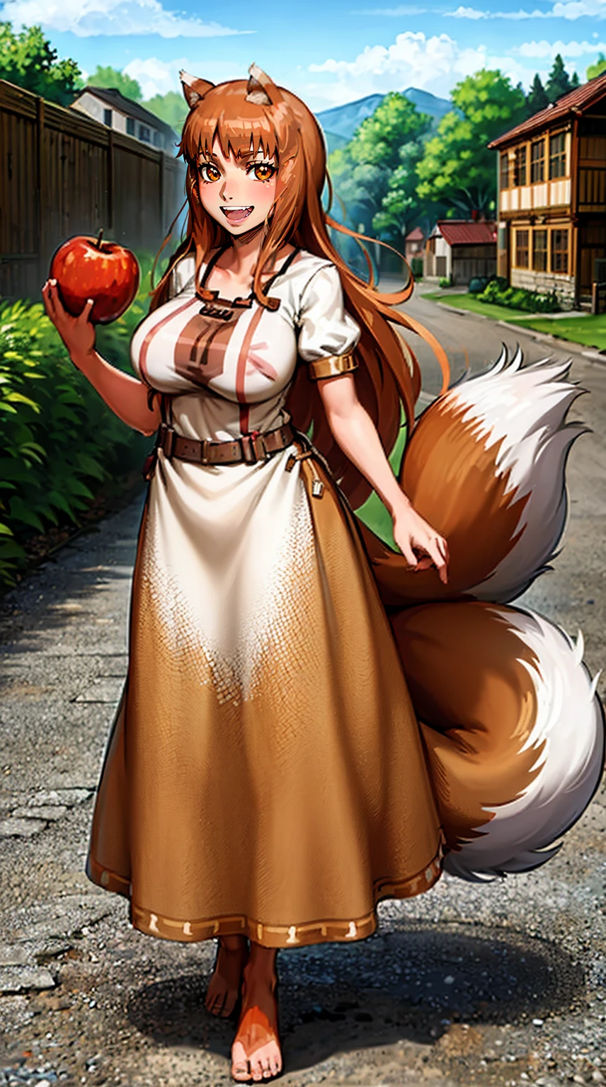 (holo:1.5), (holoBrownDress:1.5), masterpiece, best quality, absurdres, 1girl, looking at viewer, standing, cowboy shot, outdoors, medieval, cobblestone street, town, pouch, sash, smile, fruit, apple, basket,huge breast, curvy, silver hair, white hair, full body, flipflops,, smiling open mouth, fengs, teeth