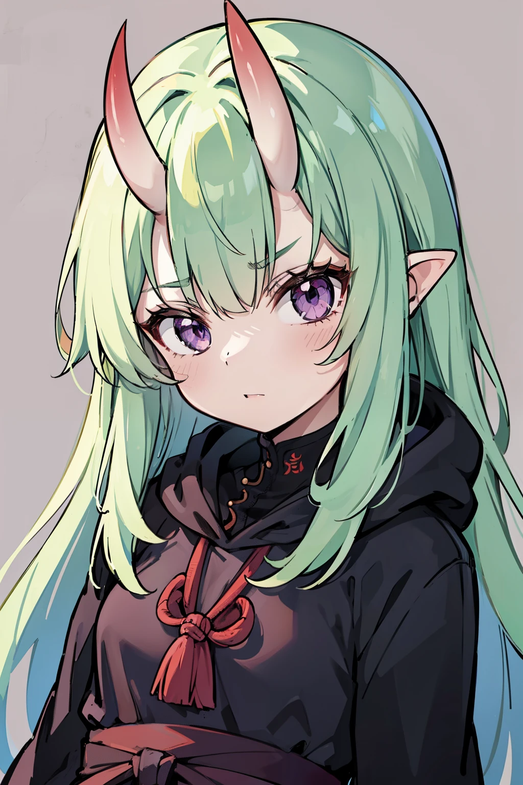 masterpiece, best quality, 4k, face close-up, portrait, 1girl, solo, beige hair, light green hair, pale green hair long hair, purple eyes, slit pupils, small breasts, ((oni girl, oni horns)), serious, neutral, angry, black cloak, hood, rogue clothes, medieval fashion, standing, arms behind back, looking at viewer, grafitti background, abstract background