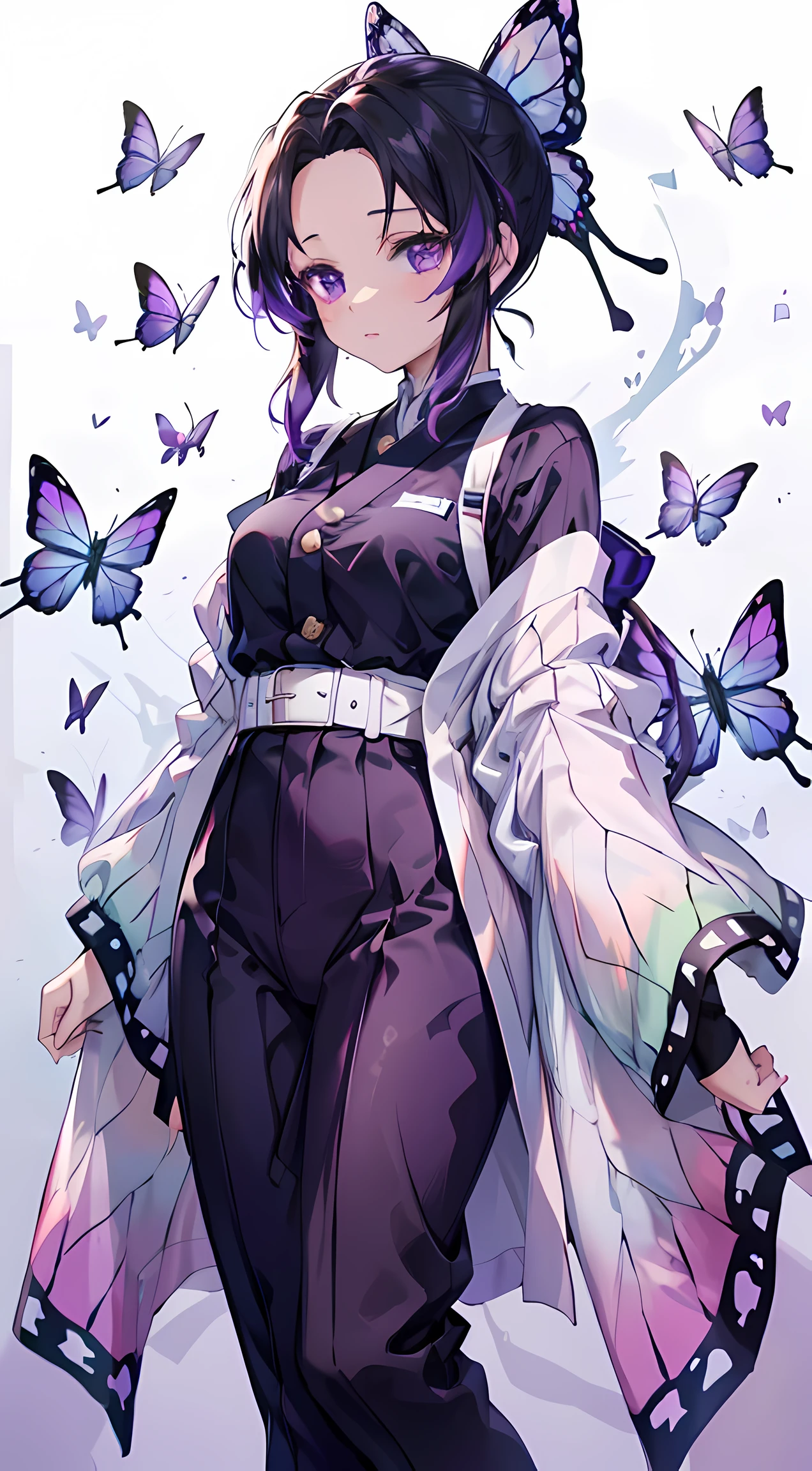 A girl with black hair that graduated to violet at the bottom, long front hair divided into two parts, a very small hair tie tied with a purple butterfly, wide eyes that graduated from white to dark violet at the bottom, wearing a dark purple shirt with golden buttons and short dark purple pants with a white kimono. Gradient green and pink at the bottom with butterfly wing patterns, pantyhose in the same color and pattern as the kimono.