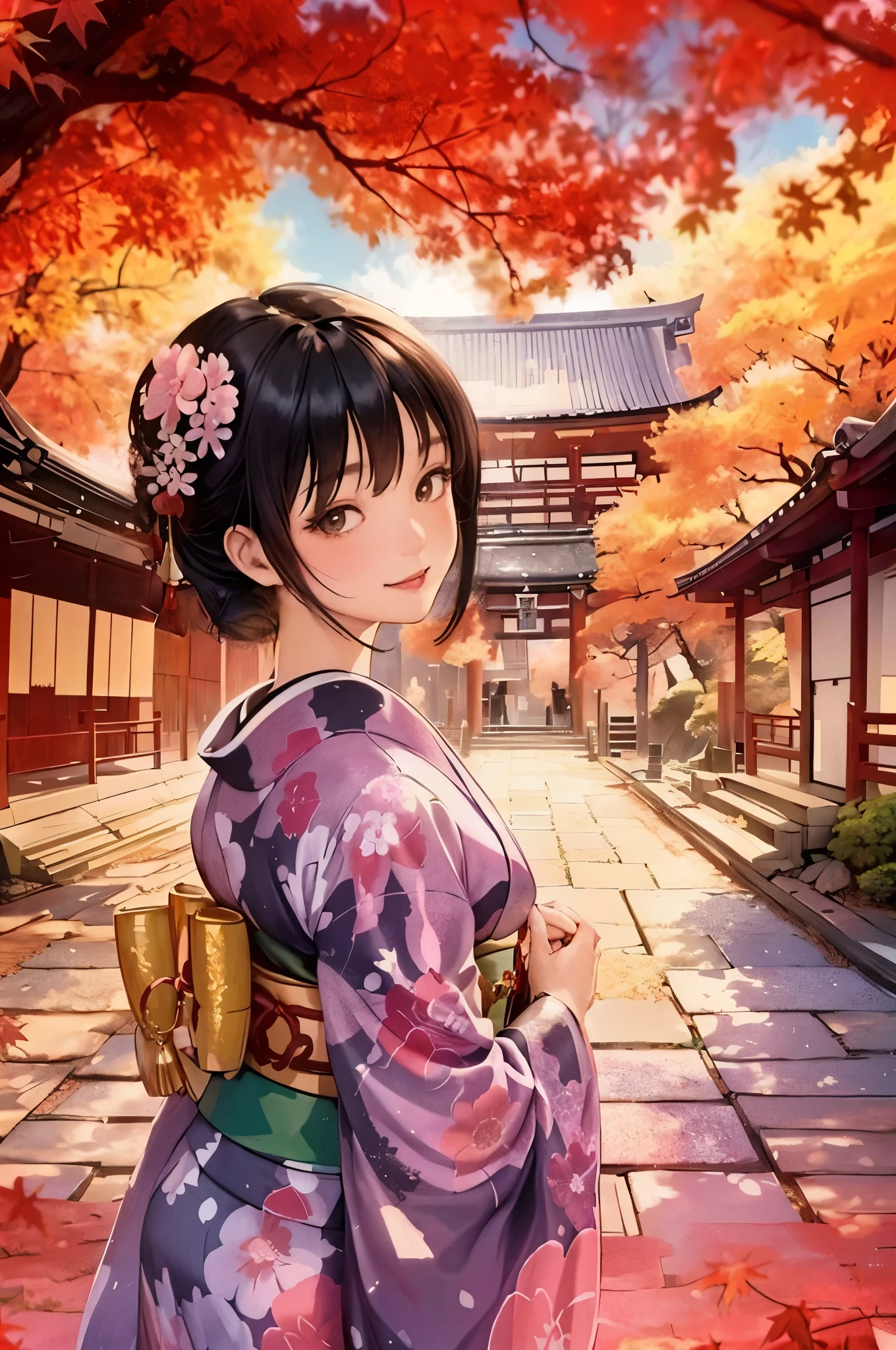 1lady standing, /(colorful kimono/), mature female, /(black hair/) bangs, light smile, (masterpiece best quality:1.2) delicate illustration ultra-detailed, large breasts BREAK /(Japanese shrine in Kyoto/), /(trees autumn foliage/), /(bricks road/)