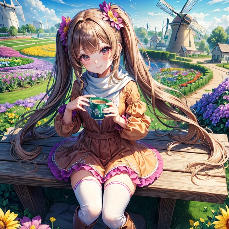master piece , best quality，wallpaper 8k CG, hyper quality, the best ，1girl,solo，seductive smile， (in Flower garden, colorful flower garden,landscape of flowers:1.5),( blue sky, cumulonimbus), (windmill:1.3),(wooden bench:1.2),(many flowers are blooming:1.3),（peplum jacket)，tulle skirt intricate detail, whole body, Girls' Front, Close up focus, petite, long hair blown up, curly hair, Air bangs, beautiful and detailed loong tail, twintails, light brown hair, beautiful detailed hair, lovely big eyes, normal hands, flat chest, zettai ryouiki, scarf, boots,
