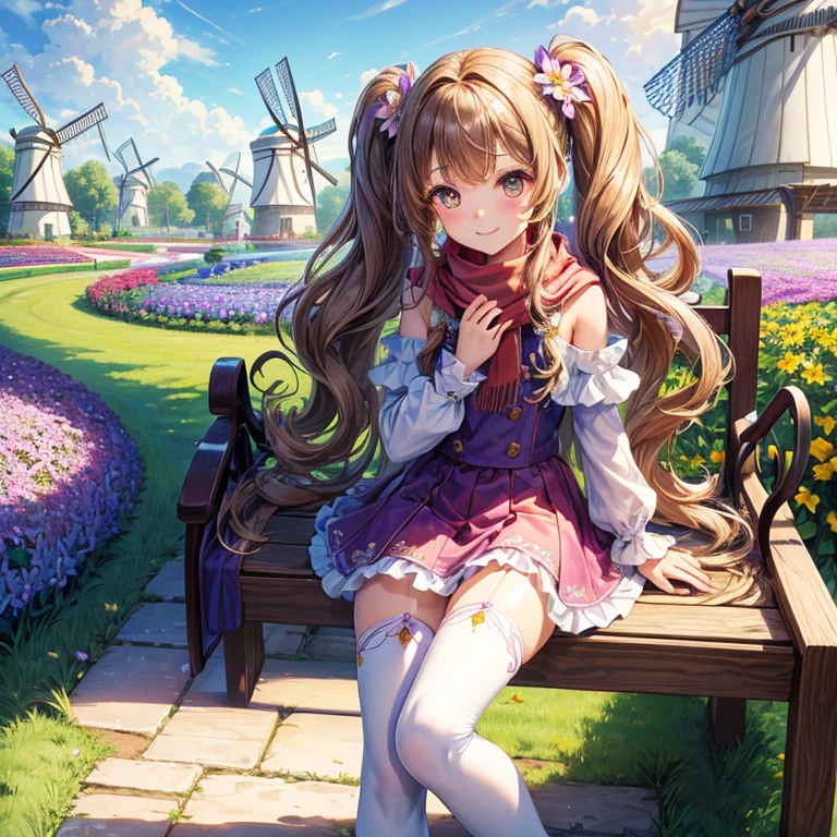 master piece , best quality，wallpaper 8k CG, hyper quality, the best ，1girl,solo，seductive smile， (in Flower garden, colorful flower garden,landscape of flowers:1.5),( blue sky, cumulonimbus), (windmill:1.3),(wooden bench:1.2),(many flowers are blooming:1.3),（peplum jacket)，tulle skirt intricate detail, whole body, Girls' Front, Close up focus, petite, long hair blown up, curly hair, Air bangs, beautiful and detailed loong tail, twintails, light brown hair, beautiful detailed hair, lovely big eyes, normal hands, flat chest, zettai ryouiki, scarf, boots,