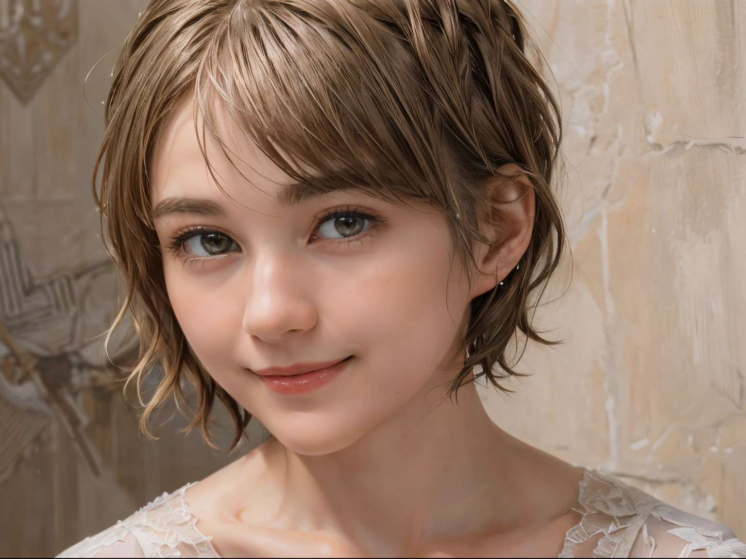 102
(a 20 yo woman,is standing), (A hyper-realistic), (high-level image quality), ((beautiful hairstyle 46)), ((short-hair:1.46)), (Gentle smile), (Keep your mouth shut), (trompe l'oeil), ((trickart))