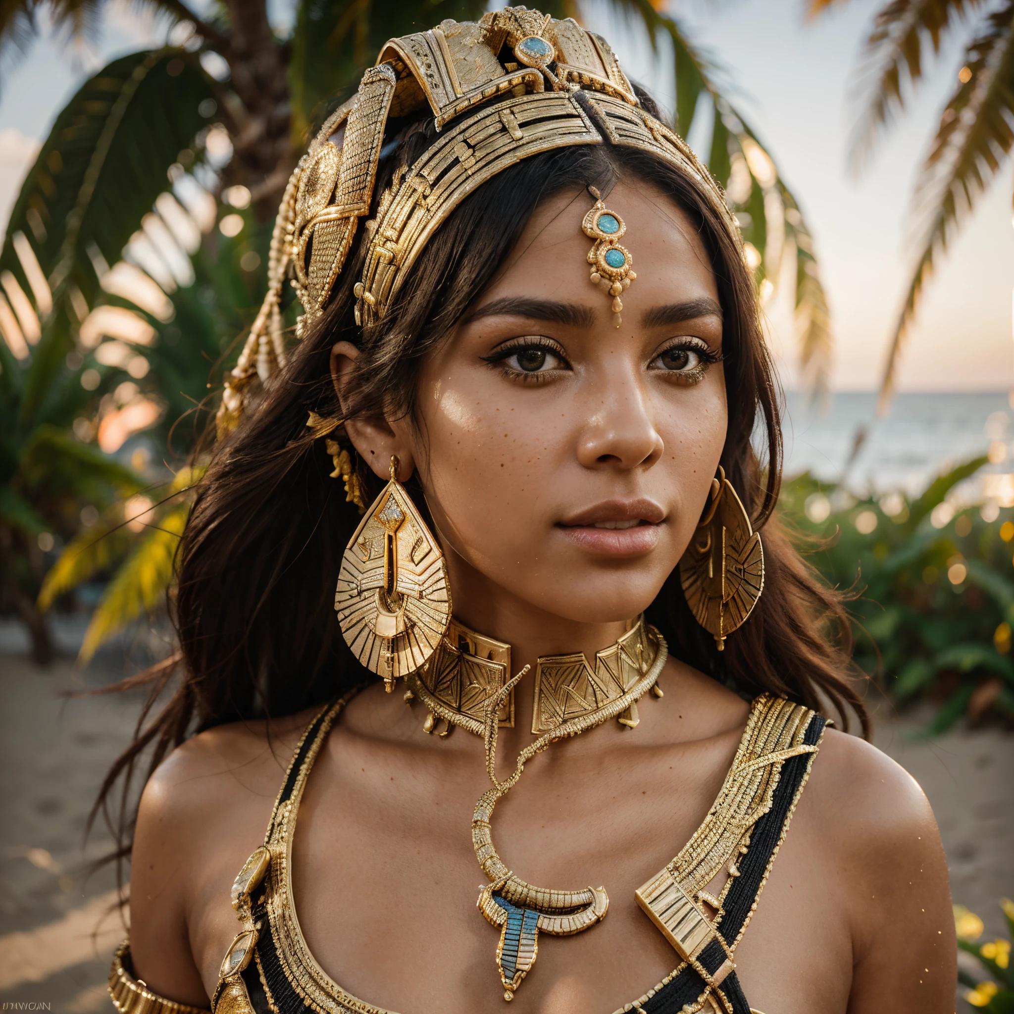 hyper realistic, ultra detailed photograph of a woman with in futuristic headwear inspired by an ancient Egypt queen, Cleopatra headwear, she is dressed like an Egyptian queen, black and gold clothes, decorations snake, gold, silver, stones, scarab beetle, microchips, integrated electric circuits, brown skin, slim body, dark hair, Natti Natasha look, golden hour, warm sunlight fractal details, full body pose, depth of field, HOF, hall of fame, detailed gorgeous face, model facing camera, beach with palm trees, orange sunset, orange sun, tropical beach, professional photographer, captured with professional DSLR camera, ultra detailed, ultra accurate detailed, bokeh, cinematic, intricate, epic, freckles, detailed mascara,