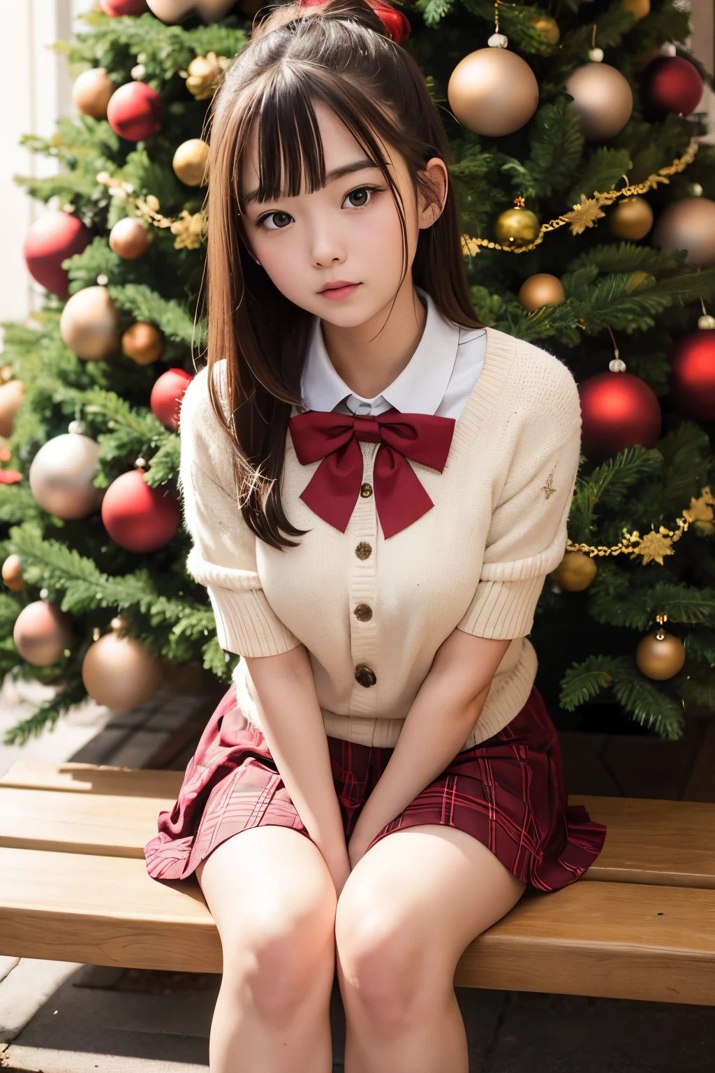 sit on a bench under a very large Christmas tree, hi-school girl