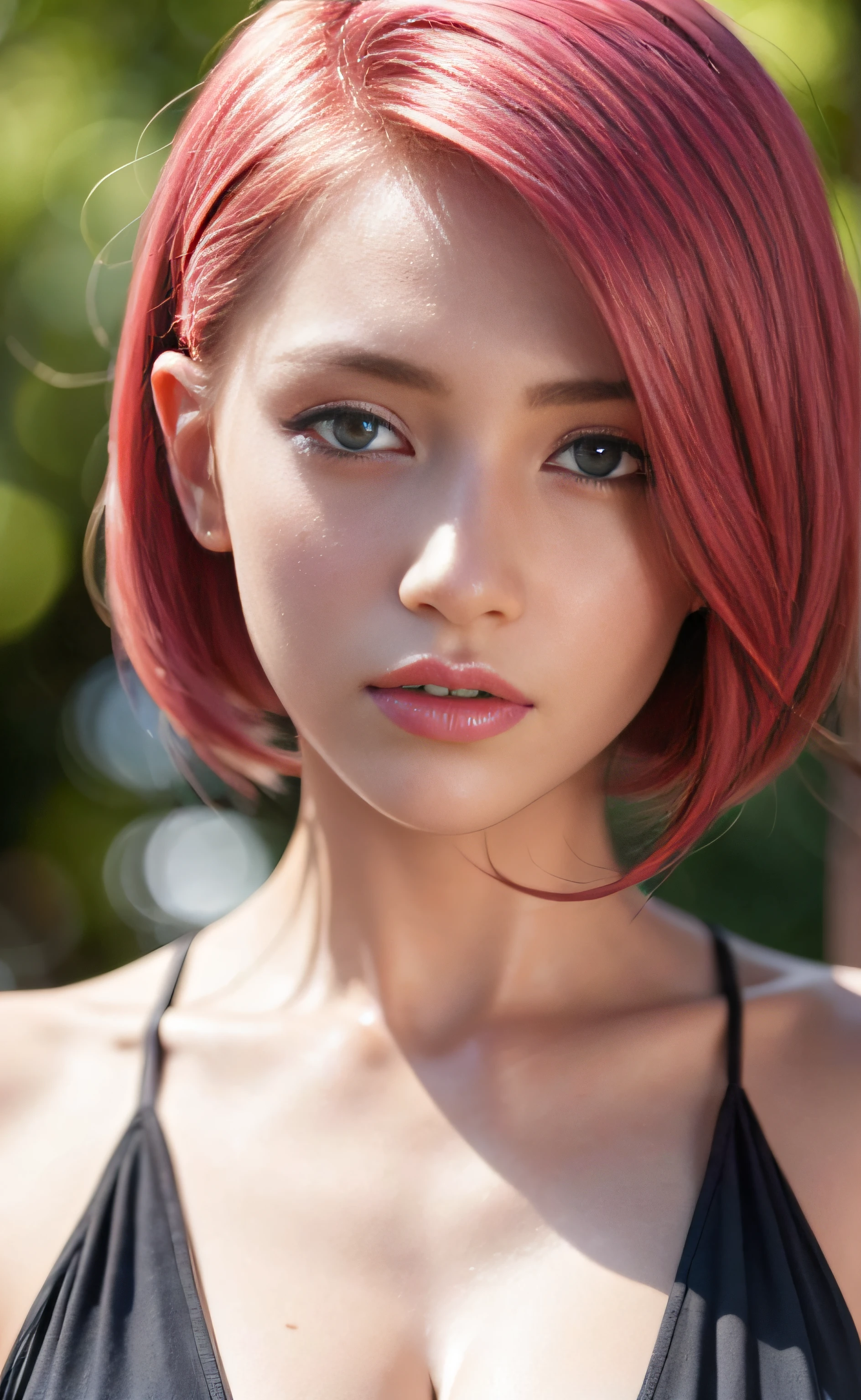 best quality, ultra high res, (photorealistic:1.4), (detailed beautiful girl:1.4), (medium breasts:0.8), looking_at_viewer, Detailed facial details, beautiful detailed eyes,pink hair, blue eyes, slender, haunting smile, (makeup:0.3), red lips, highly detailed clothes, (ulzzang-6500-v1.1:0.3)