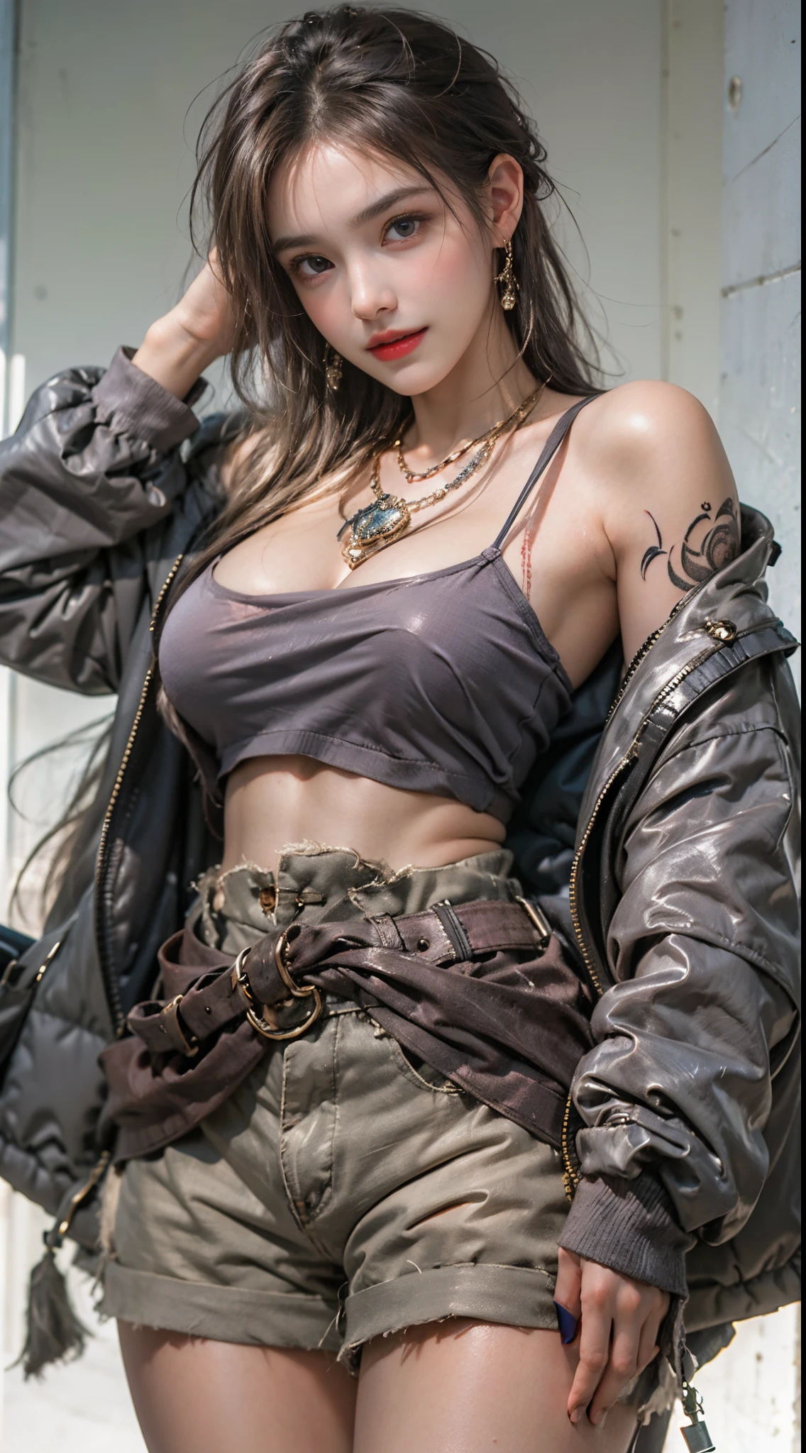 Photorealistic, High resolution, Soft light,1womanl, Solo, hips up high, (Detailed face),The tattoo, Jewelry, street wear, Beautiful Soldier, An eye that invites the viewer, Lover's perspective, inviting expression, Sexy smile, Perfect Style, Perfect balance, Detailed skin, Naughty gaze, Chest visible、full bodyesbian
