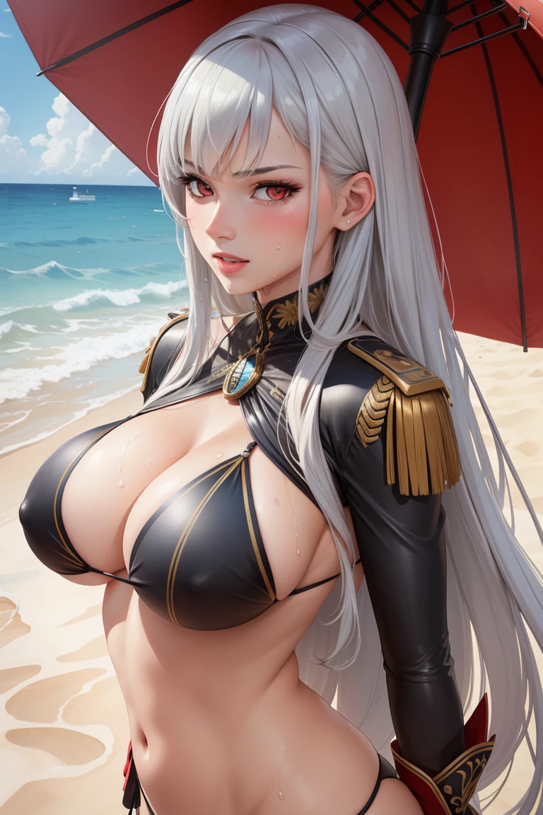 Best quality, 4k, Masterpiece: 1.2), Ultra detailed, realistic: 1.37, Portraits, Beach, Sea, black bikini, Side Tie Bikini, sexy pose, beach, Looking at viewer, red eyes, blushing, Selvaria, umbrella , wet clothes, serious face, nipples, erotic, excited
