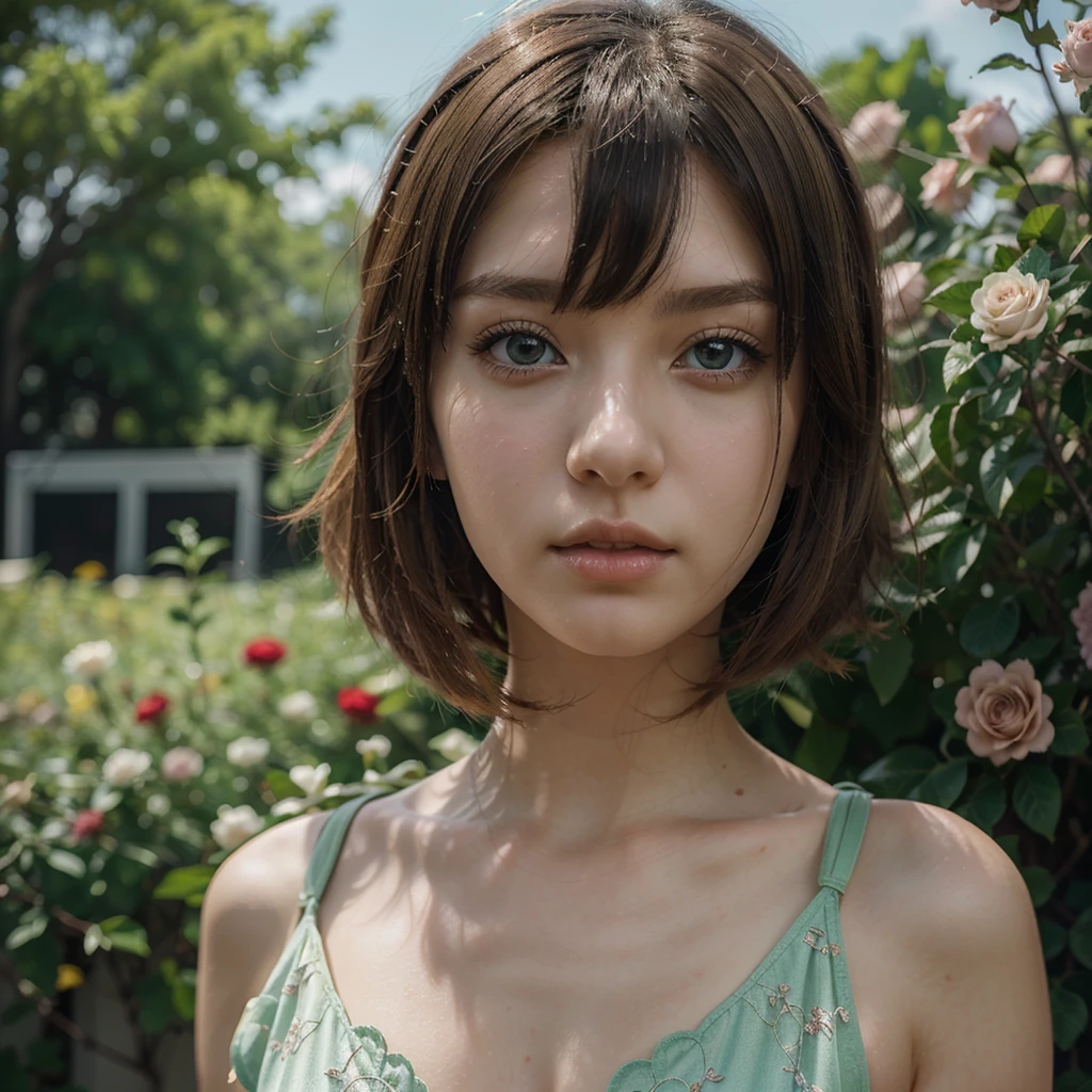 An anime girl with short blonde hair and dark green with a graceful figure, beautiful anime portrait, anime style 8K, beautiful anime girl, anime art wallpaper 8 K, beautiful anime artwork, flowers around her, super delicate, in line with common sense, wearing seductive clothing