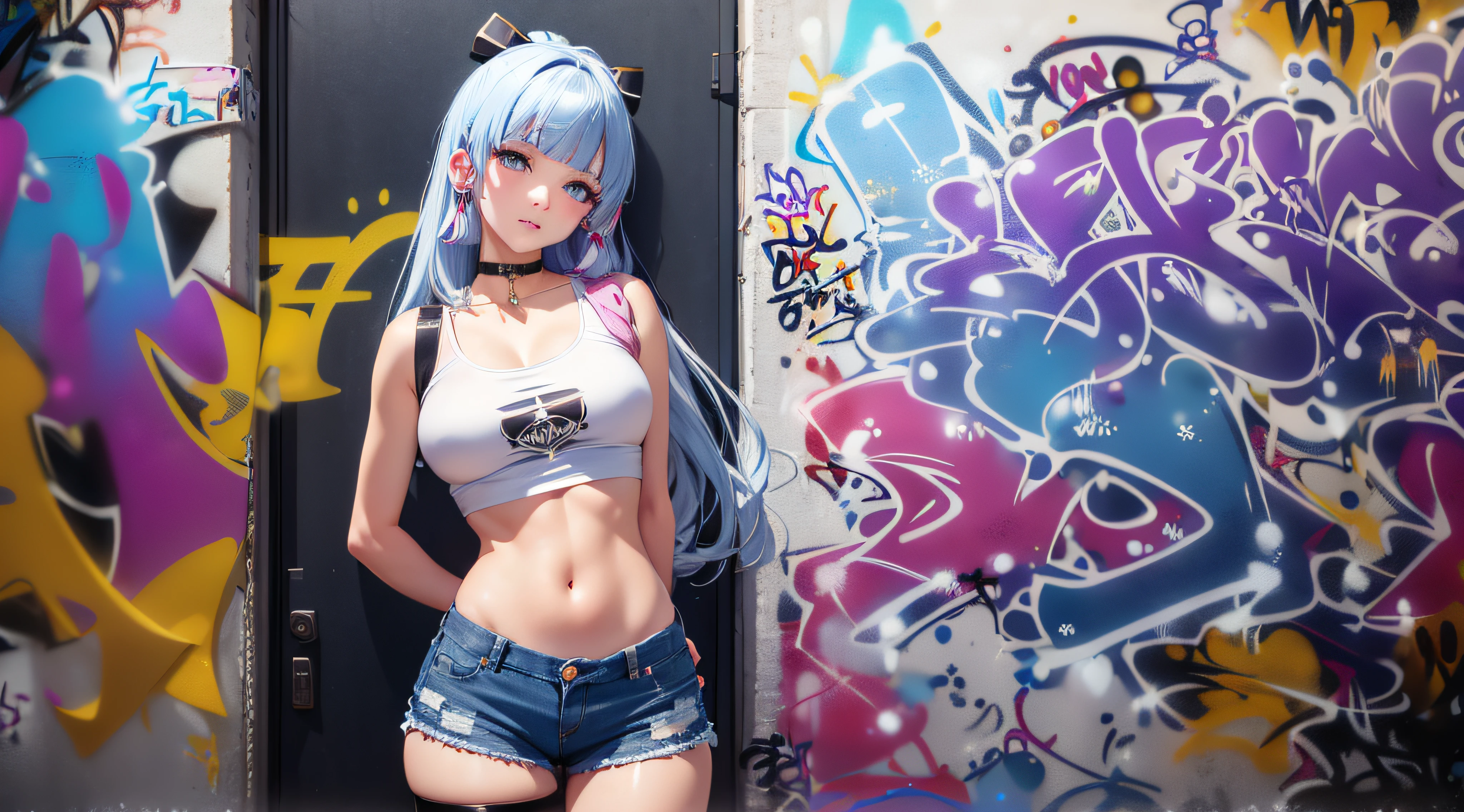 kamisato ayaka|genshin impact, master-piece, bestquality, 1girls,25 years old, oversized breasts, crop top, shorts jeans, oversized breasts, ,bara, crop top, shorts jeans, choker, (Graffiti:1.5), Splash with purple lightning pattern., arm behind back, against wall, View viewers from the front., Thigh strap, Head tilt, bored, water eyes,