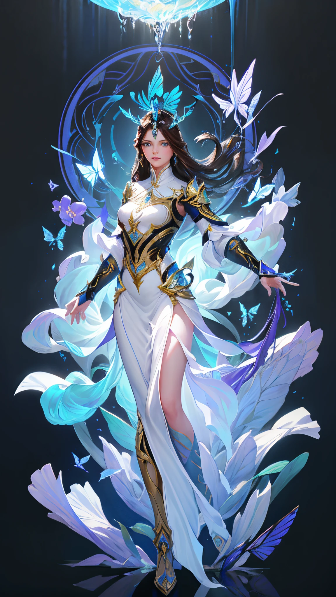 Full body lesbian,8k portrait of beautiful robot with brown hair, iintricate, Elegant, The is very detailed, A majestic, digital photography, artgerm、surreal painting gold butterfly filigree by ruan jia and greg rutkowski, brokenglass, (tmasterpiece, Sideslit, Delicate and beautiful eyes: 1.2), HighDynamicRange, (Detailed background window for the new dimension, plants and flowers:0.7) unlimited, Infinity symbol,