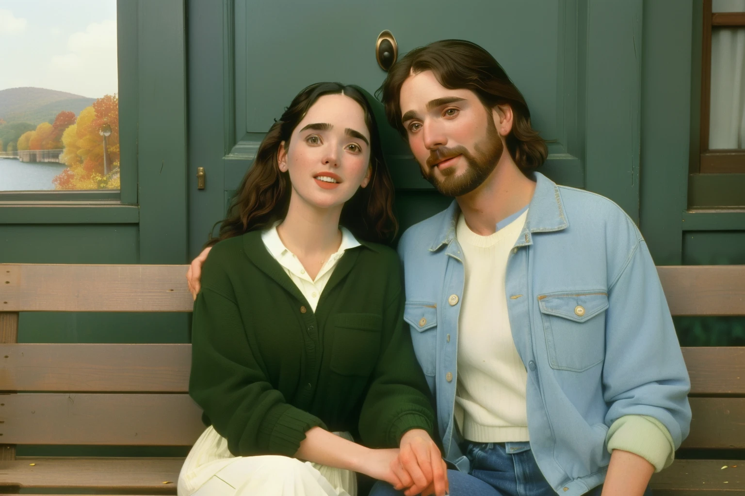 1996, Berkshire County, Massachusetts. Pre-raphaelite ((((44-year-old)) Jennifer Connelly)), with a stubble man, front porch bench, smile, ((happiness expression)), autumn, ((((casual Clothing from the 1990s)))), ((short Hairstyle of the 1990s)), ((Wes Anderson cinematic style)), colorful