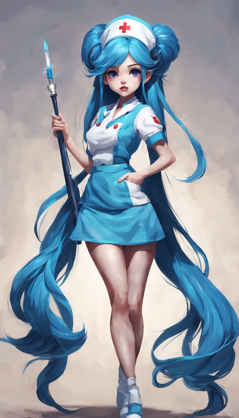determined,yordle nurse,(blue long hair),(dual horsetail),With a huge needle,The needle stands taller than a person。