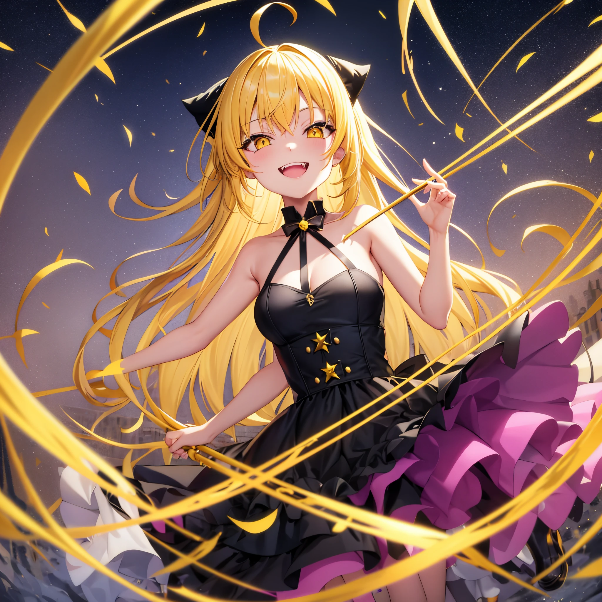 magical little girl、yellow  hair、length hair、Ahoge、yellow  eyes,uneven_eyes、crazy smile、Smile with your mouth wide open、blackdress、evil magic effects、Equipped with an evil black cane、