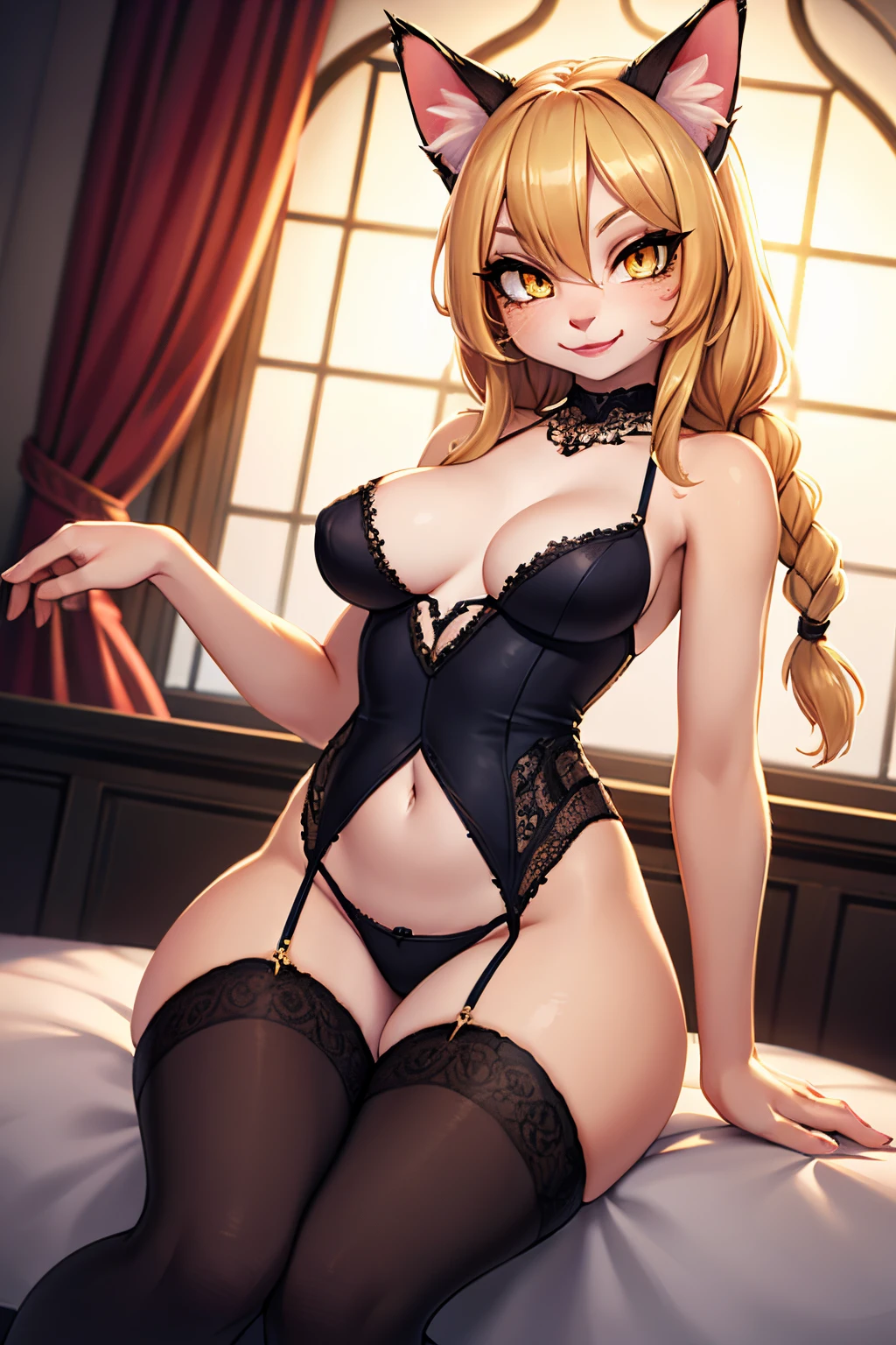 Professional photography, Catgirl, blonde hair, expressive eyes, smile, braid, Yellow eyes, golden eyeshadow, cat ears, lipstick, medium breasts, dynamic pose,
BREAK, Sheer opulence, intricate lace details, hosiery sophistication, timeless allure, European chic.
Visual Elements: Luxurious lace patterns, sheer and elegant fabrics, detailed hosiery, contemporary yet timeless designs, opulent accessories,