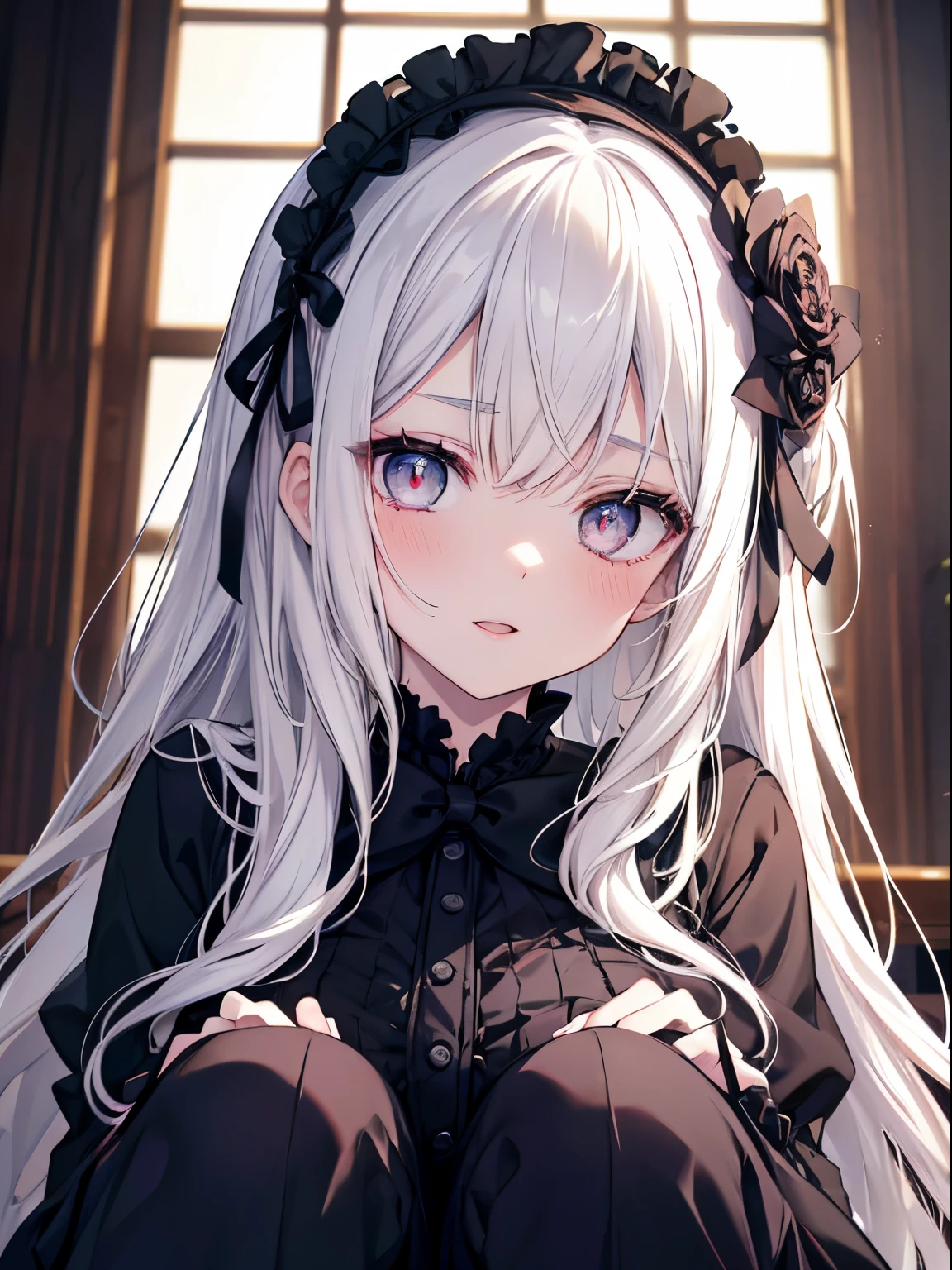 masutepiece, Highest Quality, (Perfect face:1.1), (high detailing:1.1), (ultradetailed eyes), Dramatic, superfine illustration, Extremely detailed, 1girl in, ager,(pale skin), long white hair, Ethereal eyes, Blue eyes,blush,Solo,Smile, Happy, Laugh, Enjoy, Open mouth, Pouty lips,Cinematic lighting,upper body,looking up, leaning forward,Long sleeve, Gothic lolifrilld, bow ribbon,knee high socks,indoor,night