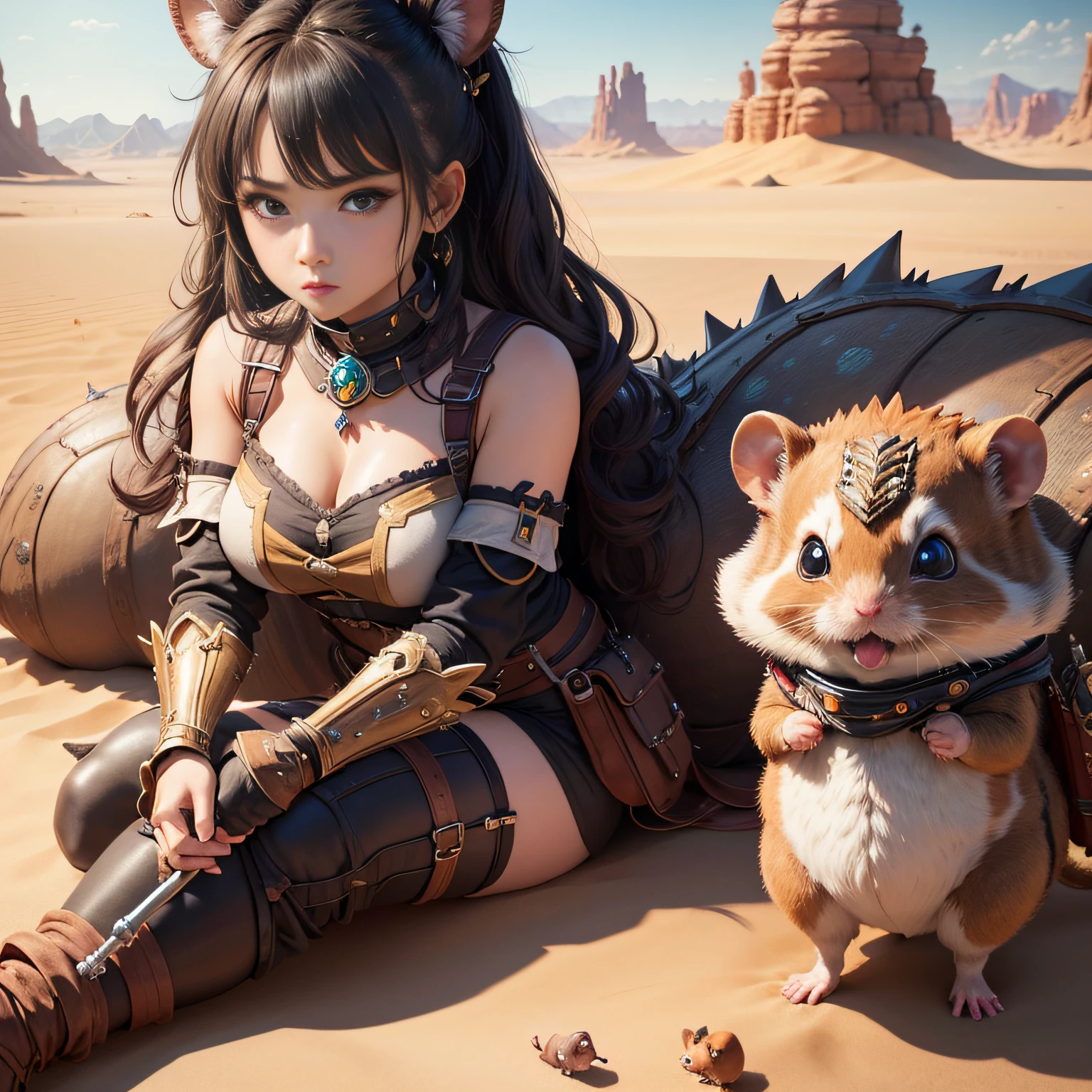超A high resolution、An ultra-high picture quality、8K、Detailed details、marvelous expression、1 person woman、The little hamster monster is your buddy、Monster Hunter Character Costumes、Have a big weapon、vast desert oasis background、
