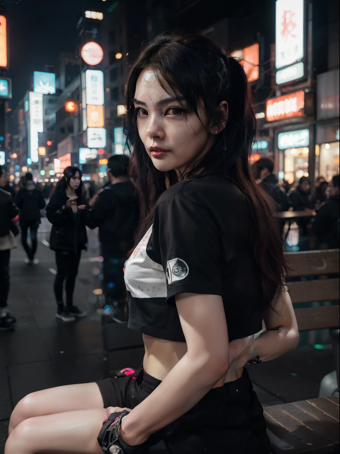 masterpiece、hightquality、Soio、beautiful model、Back lighting、beautiful hairl、A detailed eye、À la Fed woman sitting on a city bench with neon sign, Cinematic. leng jun, Anime style mixed with Fujifilm, mid shot portrait, cyberpunk streetwear, Inspired by Liam Wong, inspired by Kanō Naizen, cyberpunk vibe, cyberpunk photo, muted cyberpunk style, Medium shot portrait, hyper-realistic cyberpunk style, wearing cyberpunk streetwear、Powerful Hand Pose、low angles、14mm lens、sigma、F1,4、Depth of subject、8K High Resolution、细致背景、Drawing with enhanced hair details、A detailed face、more hair、Detailed nose、Detailed mouth、Detailed body、stares at the camera、Hair details