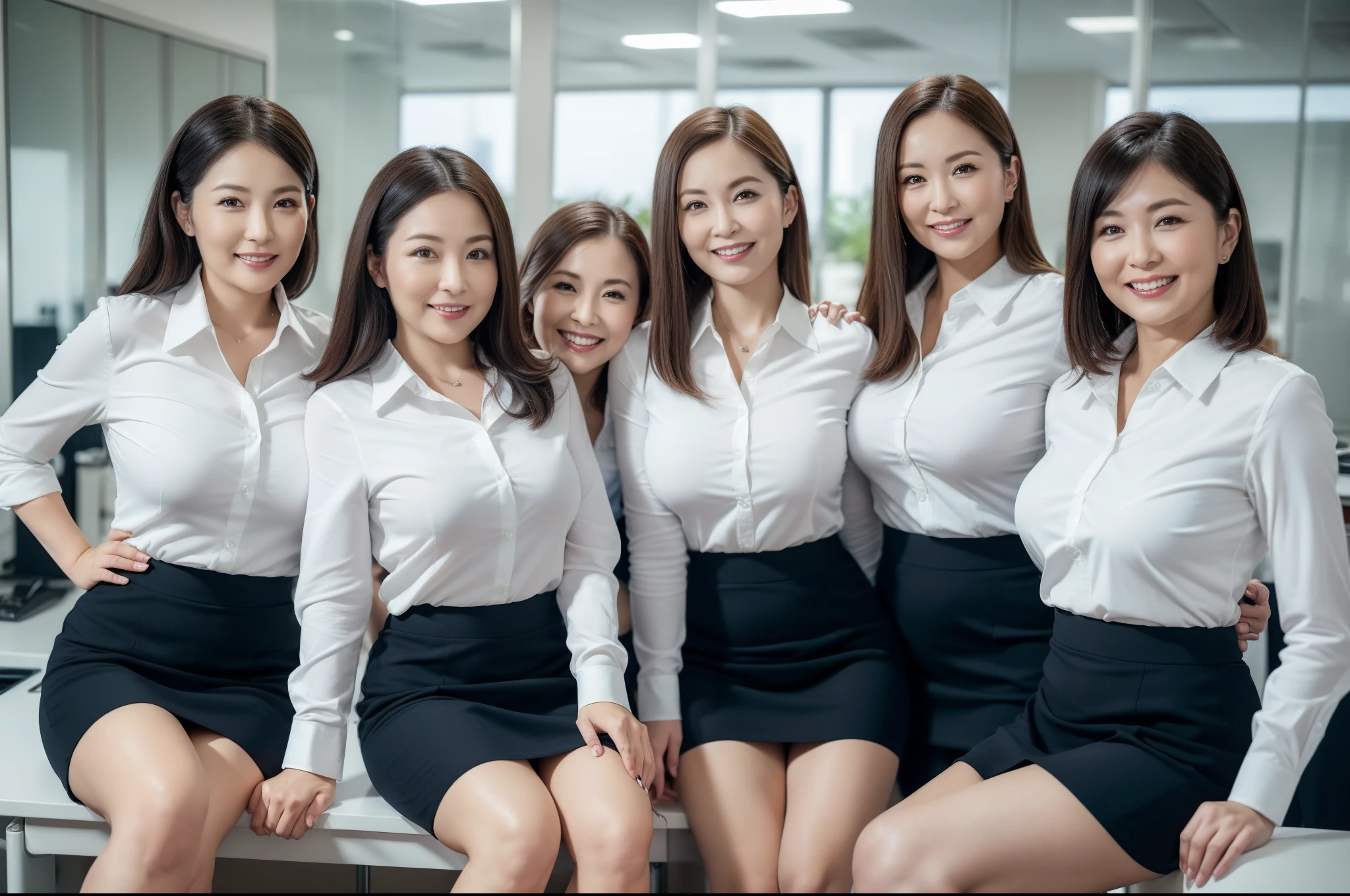 ((Best Quality, 8k, Masterpiecedetails, ultra-high resolution)), (group picture),(looking at the viewer), (full shot:), attractive business 5 milfs, 5 people, a bit chubby:0.25, seductive expression, white collared shirt, grey skirt, (sitting with cross legs on office desks)), smile, office of CEO,