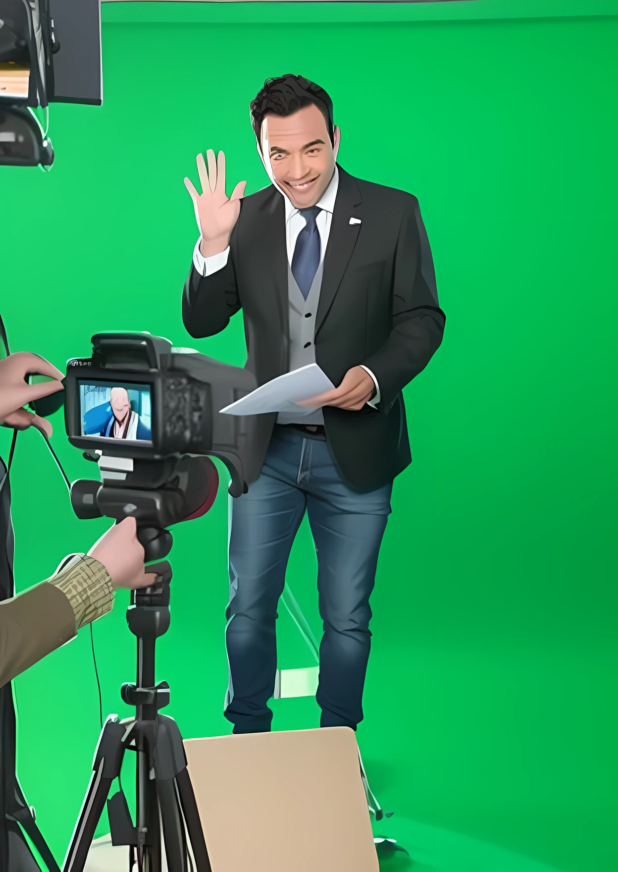 arafed man in a suit and tie standing in front of a green screen, green screen, commercial shot, commercial photo shoot, behind the scenes photo, photo from a promo shoot, making of, wave a hand at the camera, photoshooting, photoshoot, waving at the camera, photo shoot, pointing at the camera, commercial photo