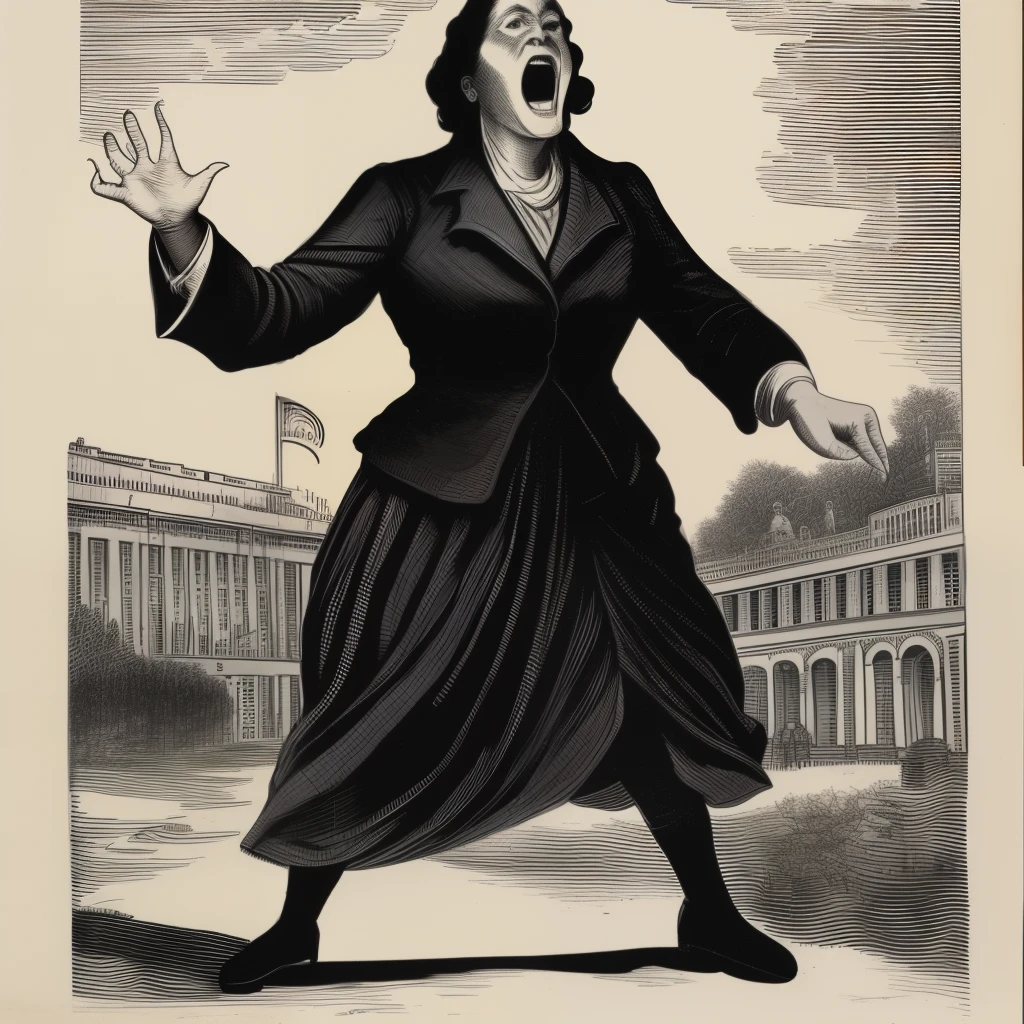 A giant woman holds a building in her right hand and opens her mouth.
