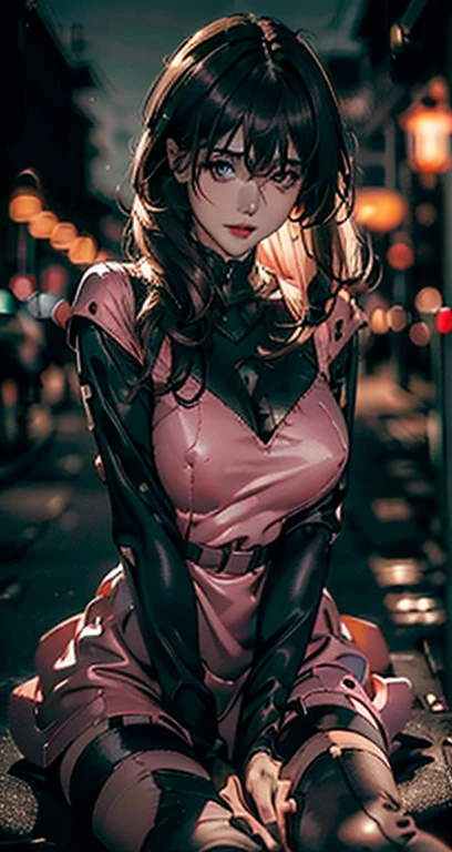(Realistic lighting, Best quality, 8K, Masterpiece: 1.3)), Clear focus: 1.8, 1girl, Perfect naked body beauty: 1.4, Slim,huge breasts:1.9, nipples, abs: 1.1, ((dark brown hair)), (Pink dress: 1.4), (Outdoor, night: 1.1), Street, Fine Face, Fine Eyes, Double Eyelids, (Over the knee black stockings: 1.5), street lamp,(dark:1.9,soft light:1.8)