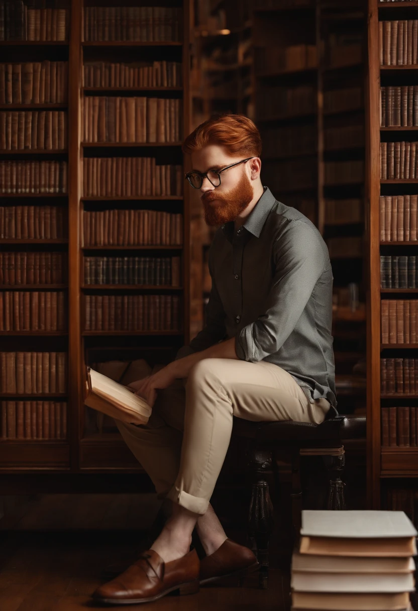 A photo of a person sitting in a quiet library, surrounded by stacks of books.,original,red hair, red beard, brown eyes, pale skin, square-framed glasses, button-up shirts, dress slacks, Scandinavian, thin, slender, tall