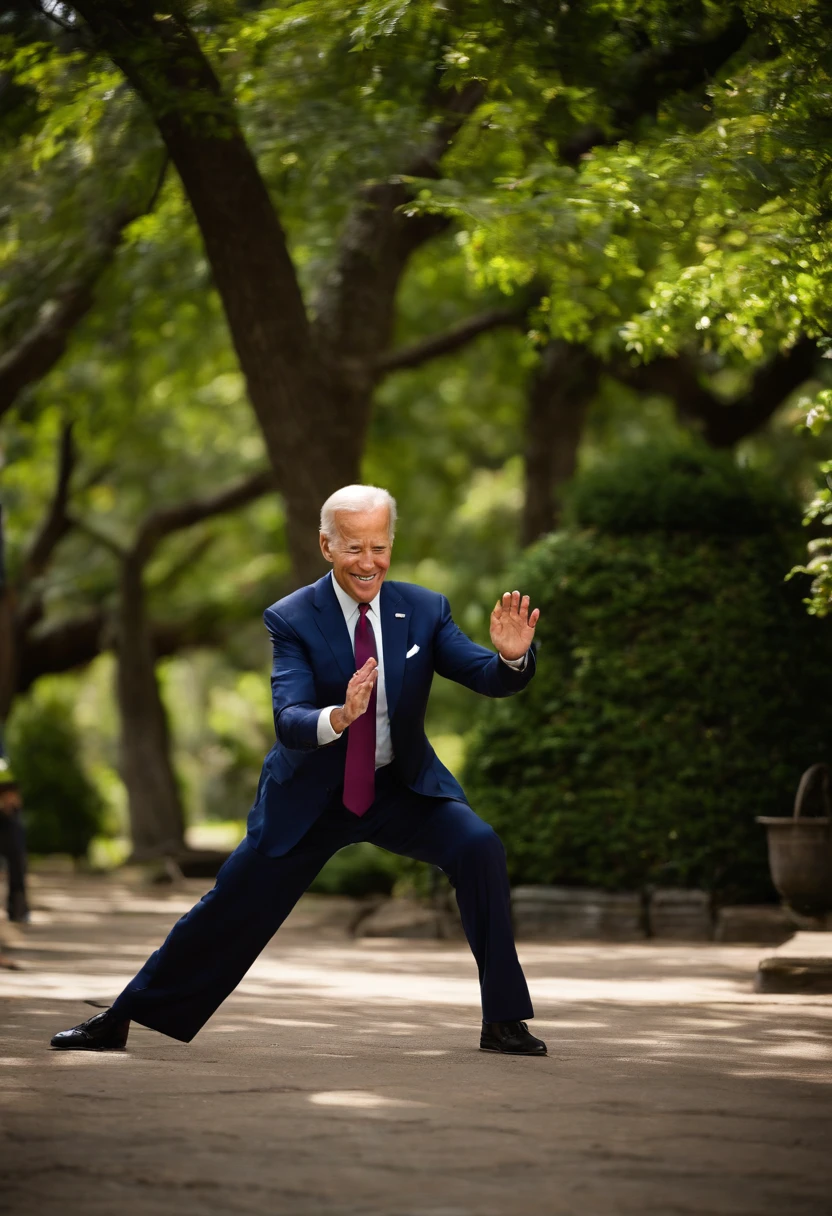 A photo of Joe Biden practicing Tai Chi in a peaceful park surrounded by lush greenery.,original, Joe Biden, the President of the United States, is typically seen in a suit and tie, often with a smile and aviator sunglasses, which have become somewhat of a trademark look for him. He has white hair, blue eyes, and is known for his friendly demeanor.