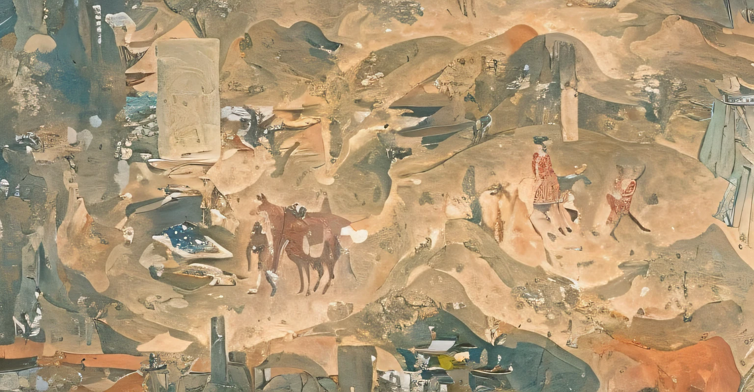 Close-up of painting of a group of people riding horses, wall paintings,Dunhuang mural color scheme,Clumsy,ancient china art style, landscape painting,author:Ji Yunfei, , Mogao Grottoes, author:lotus sheep, ancient japanese painting, surname, Tang Dynasty Painting