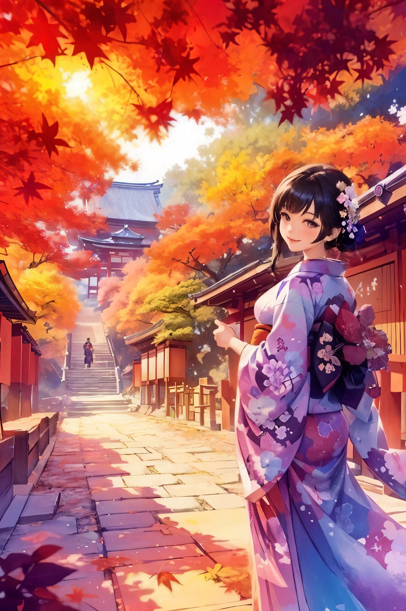 1lady standing, /(colorful kimono/), mature female, /(black hair/) bangs, light smile, (masterpiece best quality:1.2) delicate illustration ultra-detailed, large breasts BREAK /(Japanese shrine in Kyoto/), /(trees autumn foliage/), /(bricks road/)