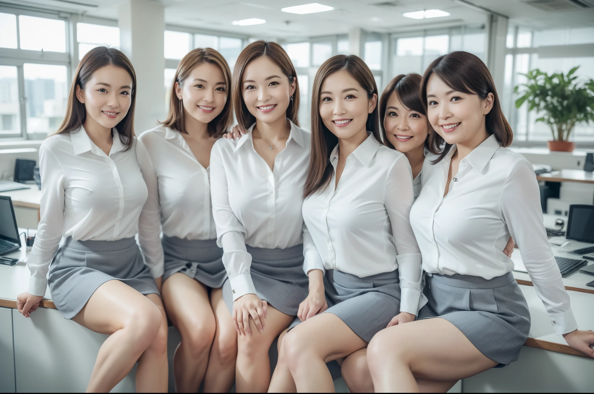 ((Best Quality, 8k, Masterpiecedetails, ultra-high resolution)), (group picture), (looking at the viewer), (fmiddle shot:), attractive business 5 milfs, 5 people, a bit chubby:0.25, white collared shirt, grey skirt, (sitting with cross legs on office desks)), smile, office of CEO,